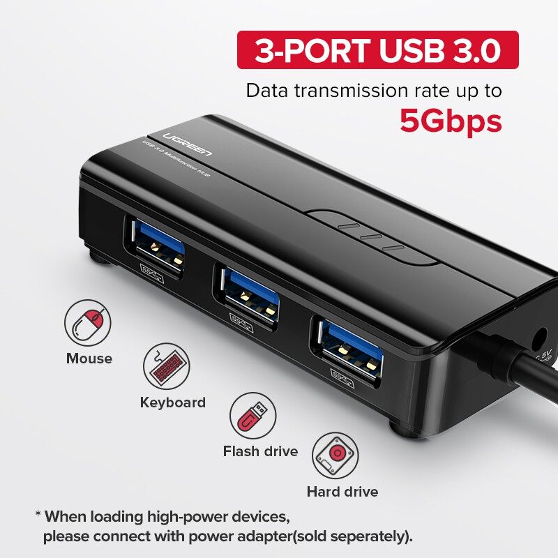 UGREEN 20265 Ethernet Adapter USB Gigabit 1000mbps Network Adapter with USB 3.0 Hub 3 Ports