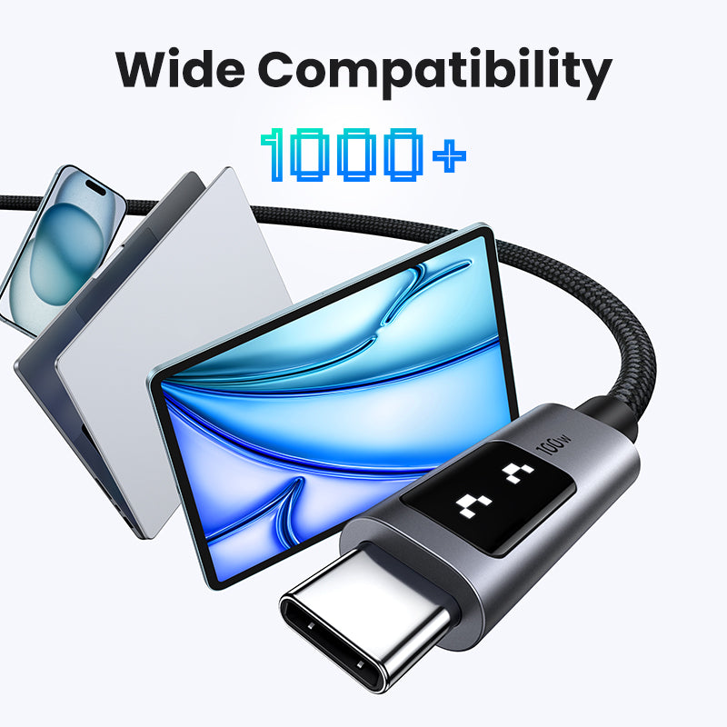 UGREEN Uno 100W USB C to USB C Cable, Fast Charging Type C Cord with LED Display, USB2.0 480Mbps Data Transfer for iPhone 16 Pro Max, MacBook Pro, iPad Pro, Galaxy S24, Pixel, Chromebook, Dell