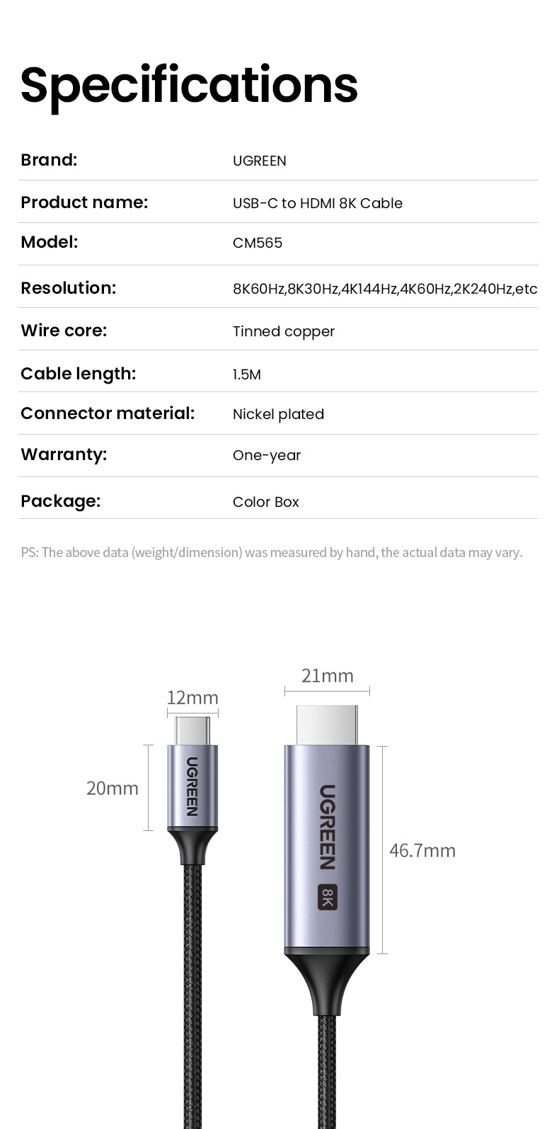 UGREEN 90451 USB C to HDMI Cable 8K 60HZ USB Type C Thunderbolt 3 HDMI Adapter Braided Cord