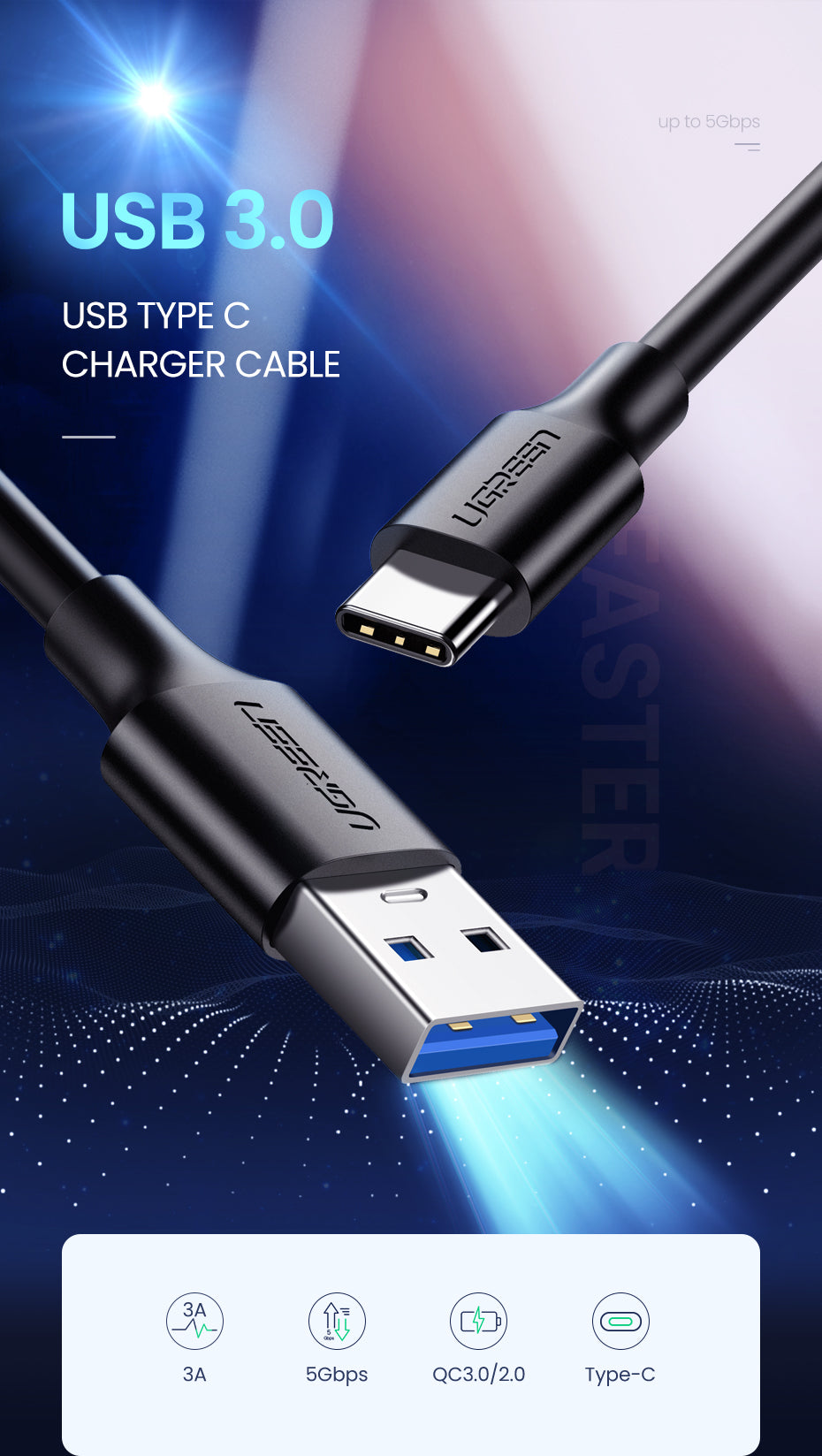 UGREEN USB 3.0 to Type C Fast Charging and Sync Data Cable for HDD SAMSUNG S22 Ultra S21 S20+/Oneplus/Huawei/Xiaomi/Vivo