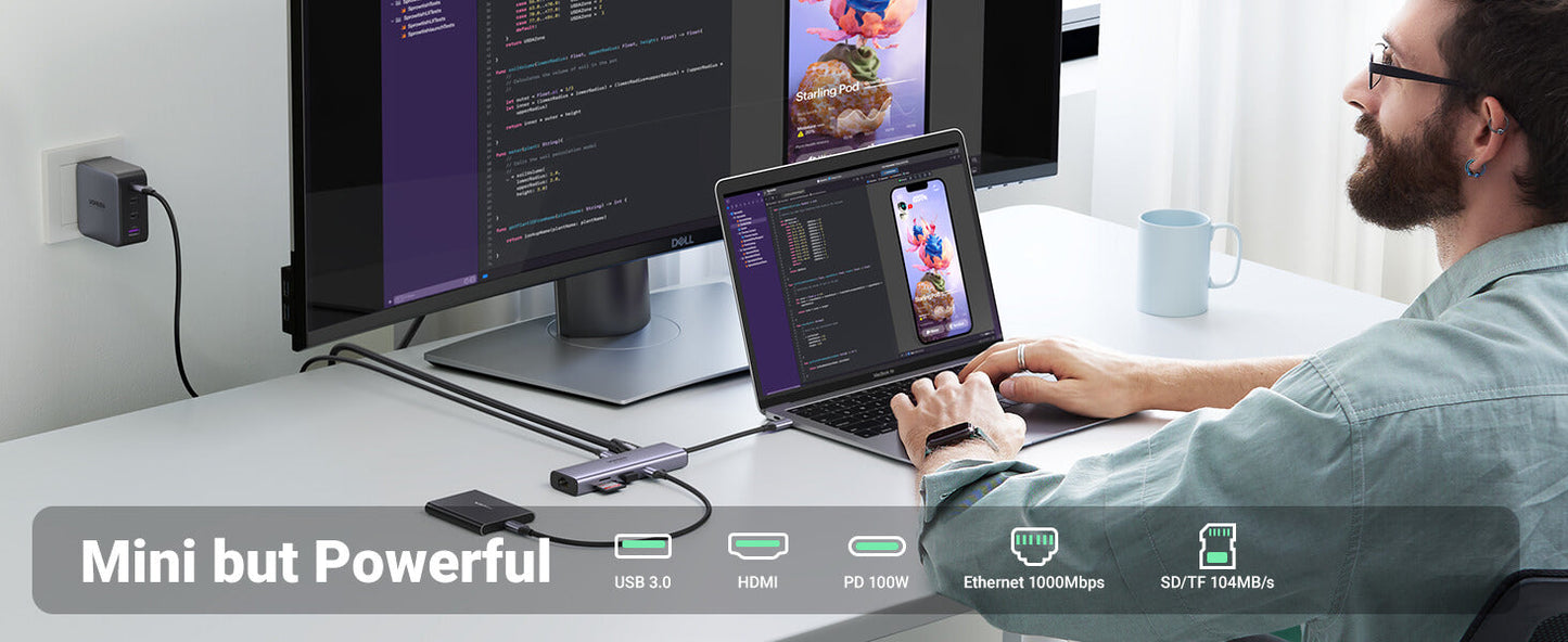 UGREEN 15852 6 in 1 USB C Hub Dual HDMI 4K 60Hz Single 8K 30Hz 100W PD, 5Gbps USB C and USB A Data Ports, USB C to Dual HDMI Adapter