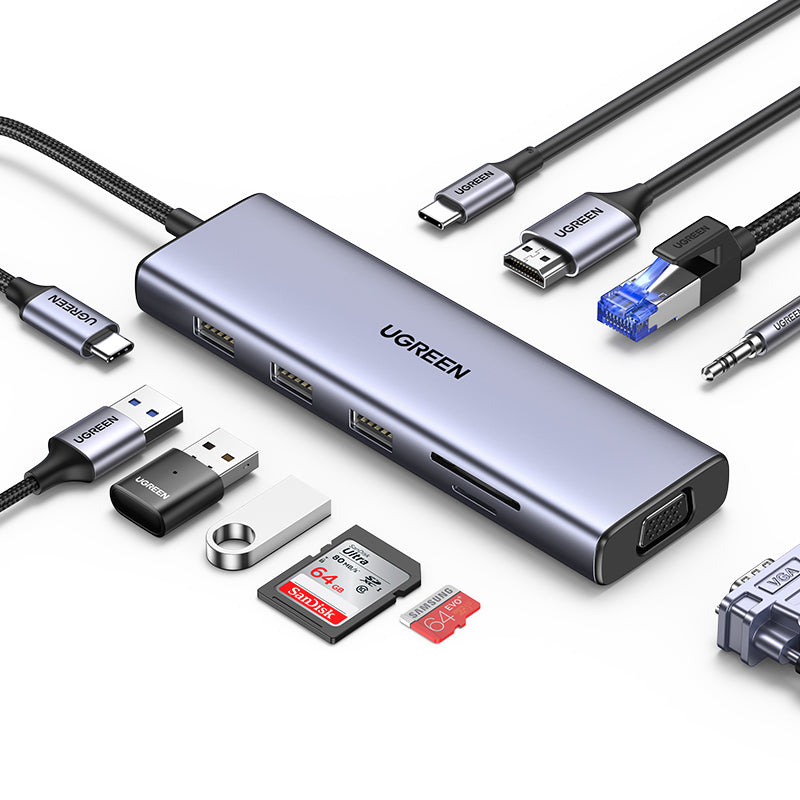 UGREEN 10 in 1 USB C HUB Dongle Ethernet Docking Station with 4K HDMI VGA 100W Power Delivery 3 USB 3.0 Ports SD TF Card Reader for MacBook Pro