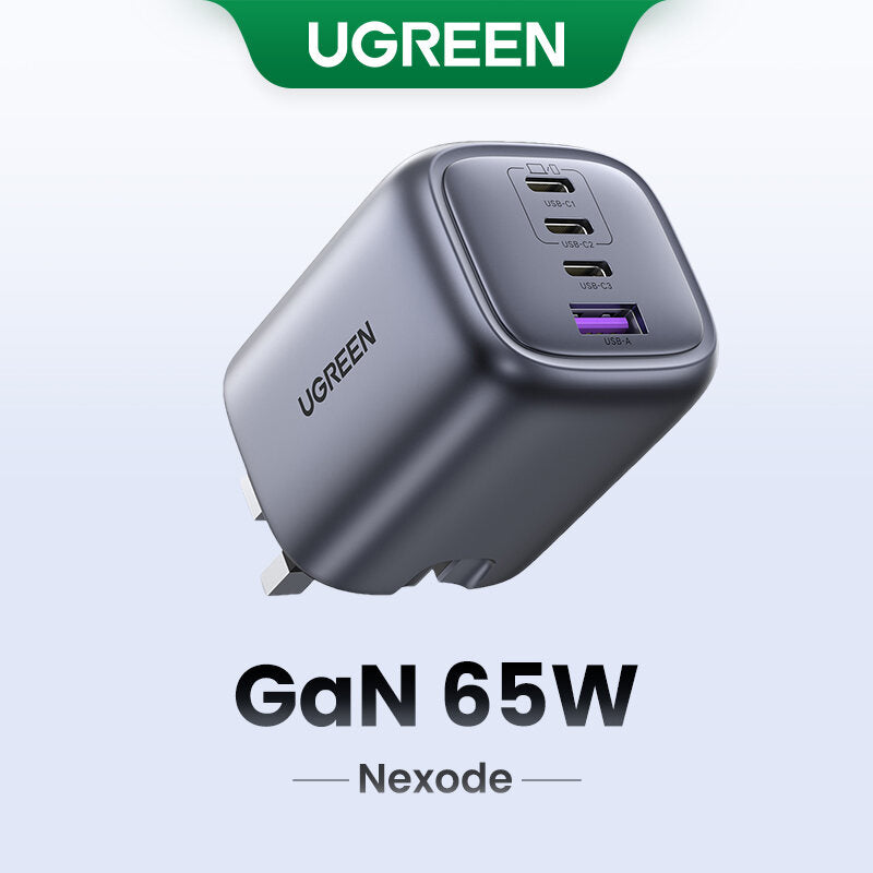 UGREEN 65W USB-C Foldable GaN Charger, 3-Port PD 3.0 Fast Charging Adapter for MacBook Pro, Dell XPS, iPhone 16 Pro Max, iPad Air/Pro, Galaxy S24 Ultra, Steam Deck, Switch, Foldable & Compact Travel Charger with Smart Power Distribution Safety Protection