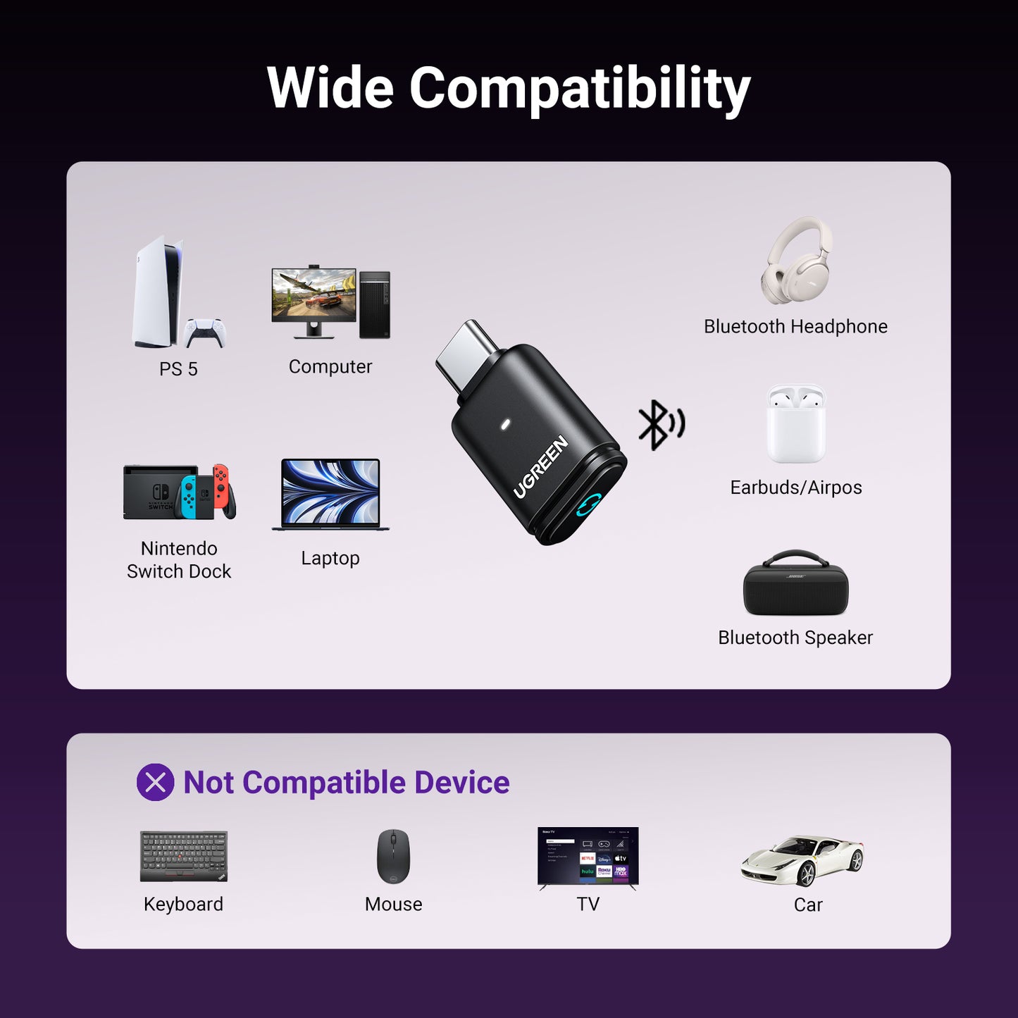 UGREEN 5.3 USB C Bluetooth Transmitter Audio Adapter for PS5, USB-C Wireless Dongle for Windows/macOS, PC, Laptop with aptX Low Latency & aptX-Adaptive, Plug & Play