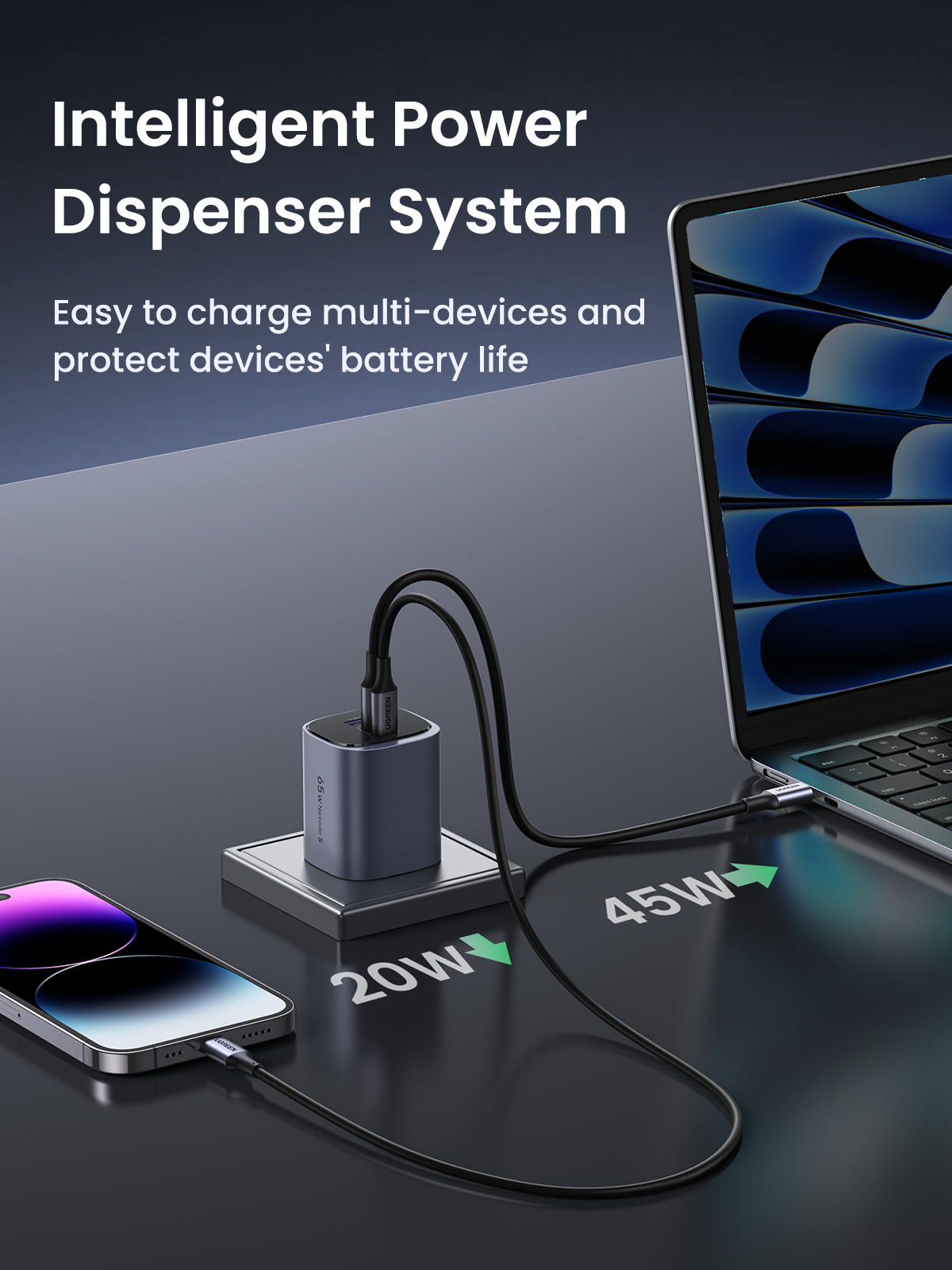 UGREEN 65W USB-C Foldable GaN Charger, 3-Port PD 3.0 Fast Charging Adapter for MacBook Pro, Dell XPS, iPhone 16 Pro Max, iPad Air/Pro, Galaxy S24 Ultra, Steam Deck, Switch, Foldable & Compact Travel Charger with Smart Power Distribution Safety Protection