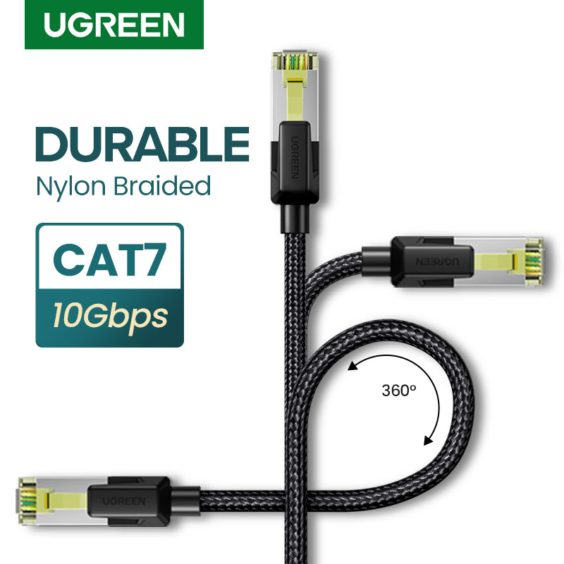 UGREEN 80421 CAT 7 10Gbps Cotton Braided Network Ethernet Cable Strong Nylon Braided Internet Wire CAT7 Lan Cable for Modem Laptops PS5 4 Router RJ45 Cable Pure Copper Ethernet Cable Ethernet
