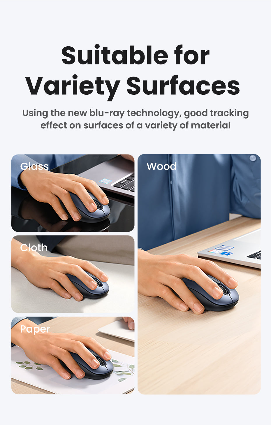 UGREEN 2.4G Wireless Silent Mouse 2400DPI Ergonomic Design Mouse with USB Mini Receiver Ambidextrous PC / Mac / Laptop