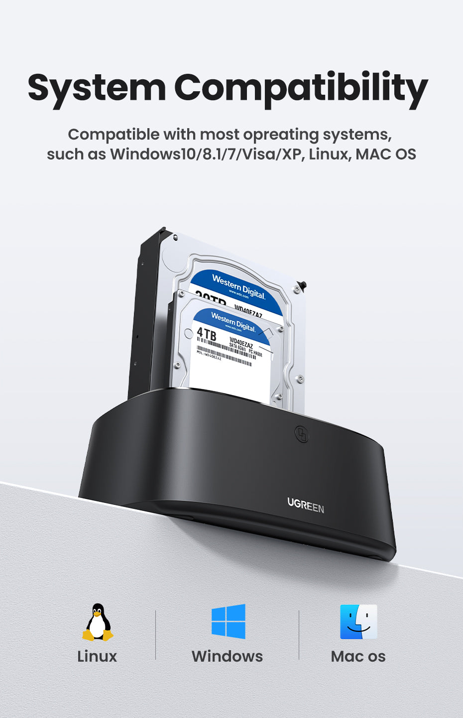UGREEN Hard Drive Docking Station USB 3.0 to SATA Adapter External UASP Enclosure Hard Disk Caddy Reader 2-Bay Cloning Kit For 2.5/3.5 SATA HDD SSD,Windows,Mac OS,Linux,PS4,Xbox One