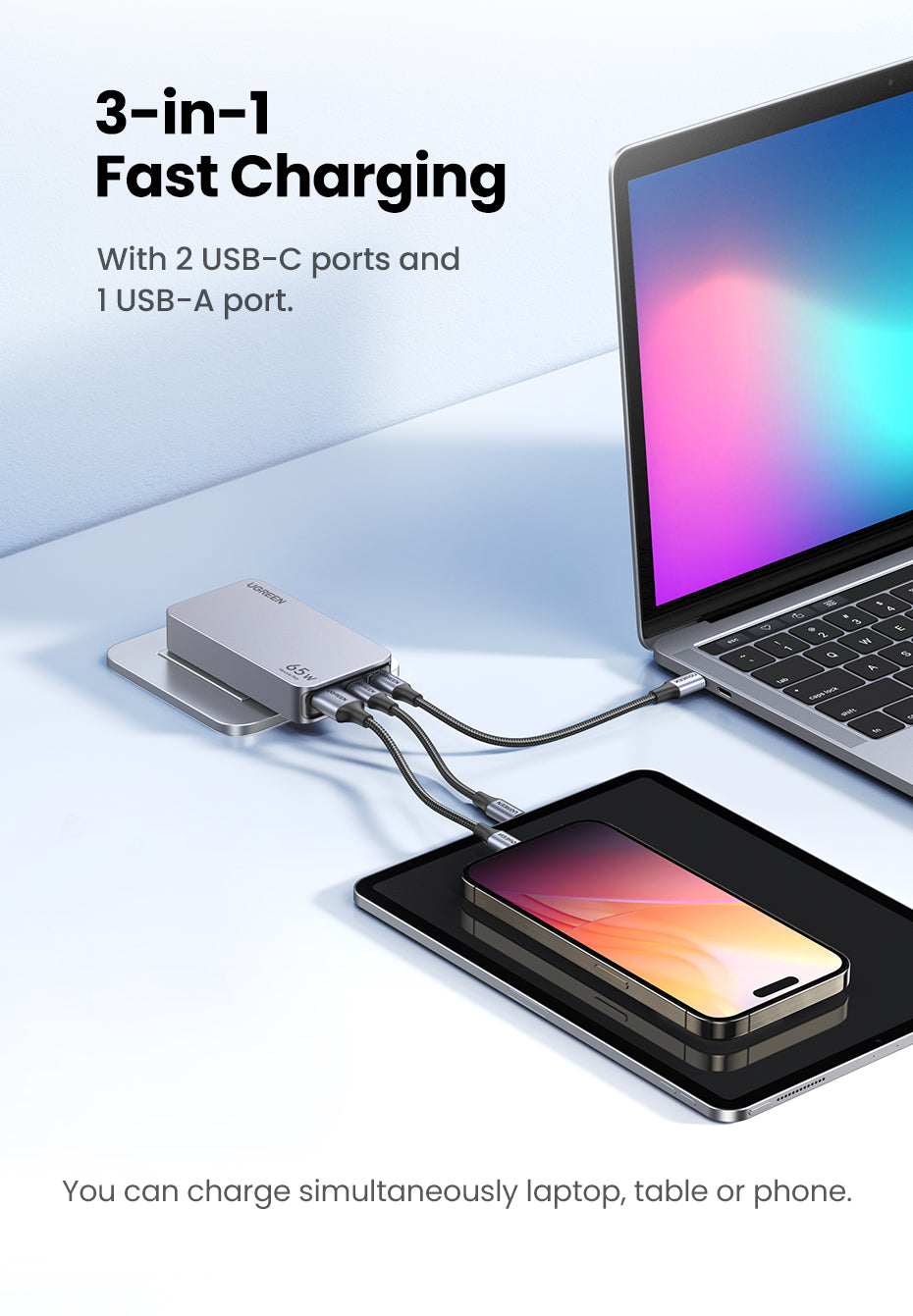 UGREEN Nexode Pro X753 65W 3-port Ultra-thin Fast Travel Charger Adapter GaN Charger for MacBook iPad iPhone 16 15 14 Pro Max Samsung S24 S23 Ultre Steam Deck