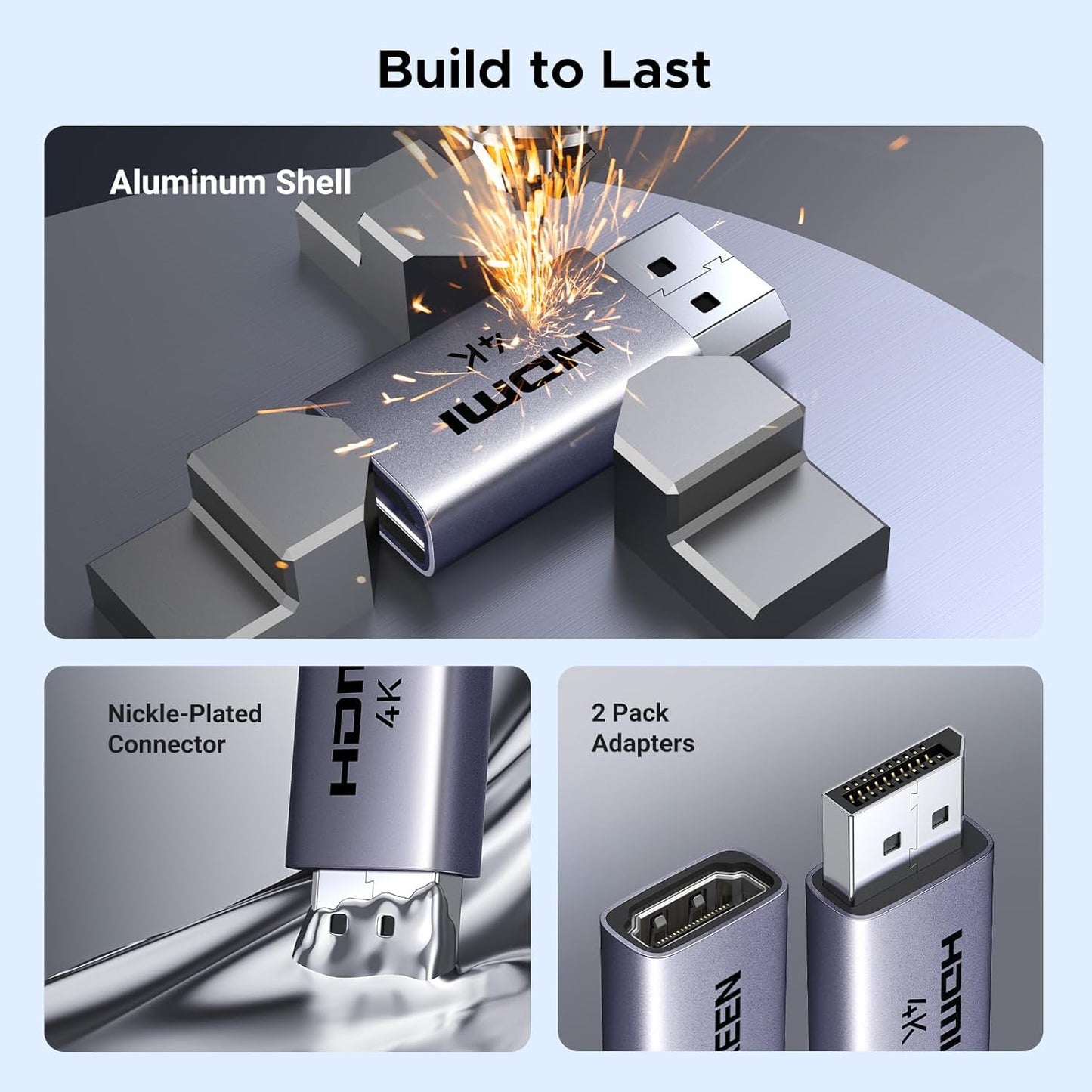 UGREEN Universal 2-Pack 4K DisplayPort to HDMI Adapter - Silver, High-Quality Adapter Converter for HDMI Monitor, Compatible with AMD/NVIDIA