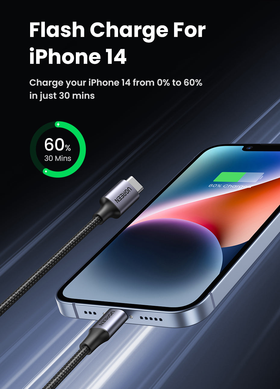 UGREEN MFI PD 20W Charger USB C Type-C to Lightning Cable Nylon Braided Fast Charger Data Sync