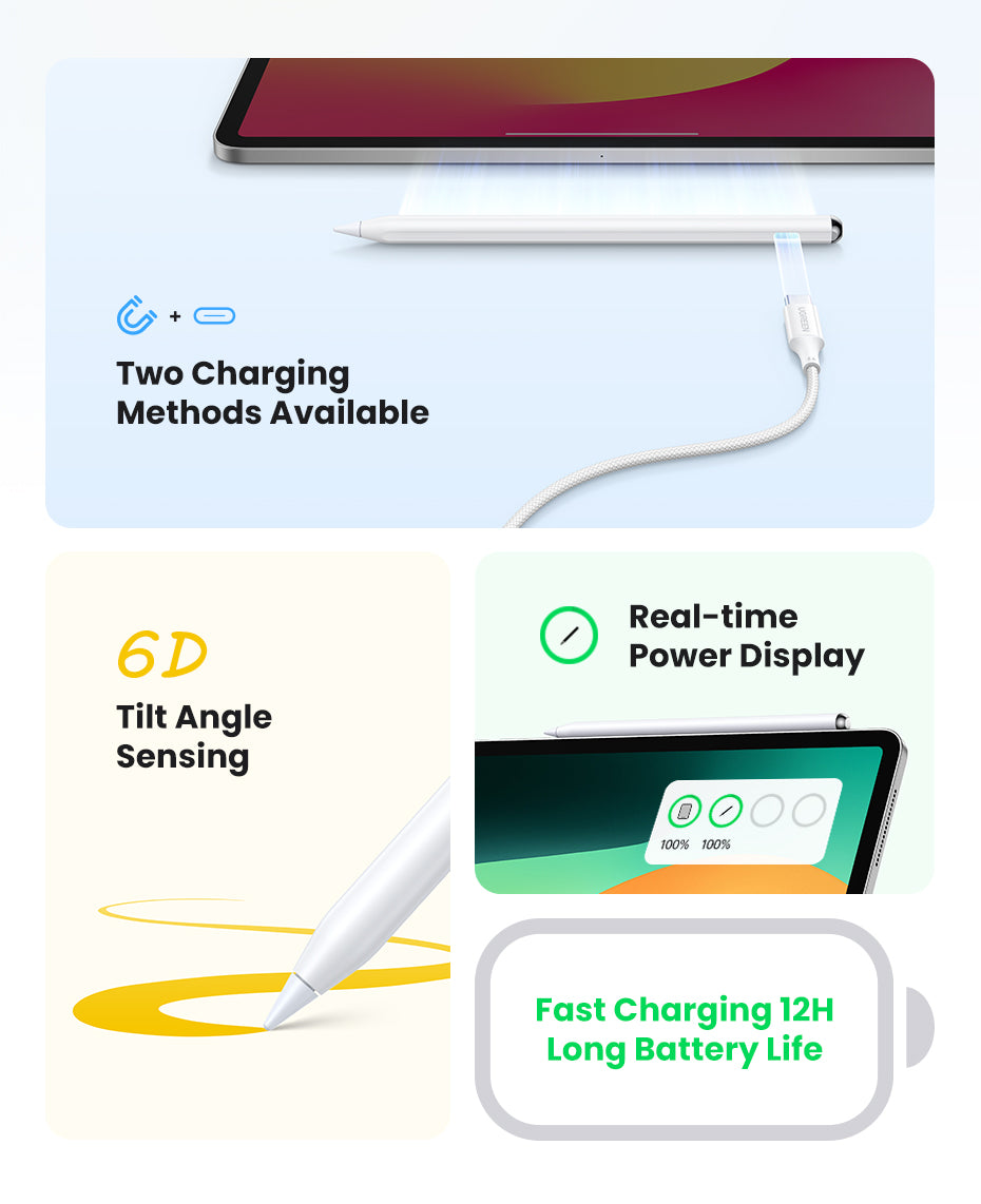 UGREEN Stylus Pen for iPad Apple Pencil Active Stylus Pen for iPad Air3/4, iPad Pro 2021 2022 2023 2024 iPad Accessories Touch Pen
