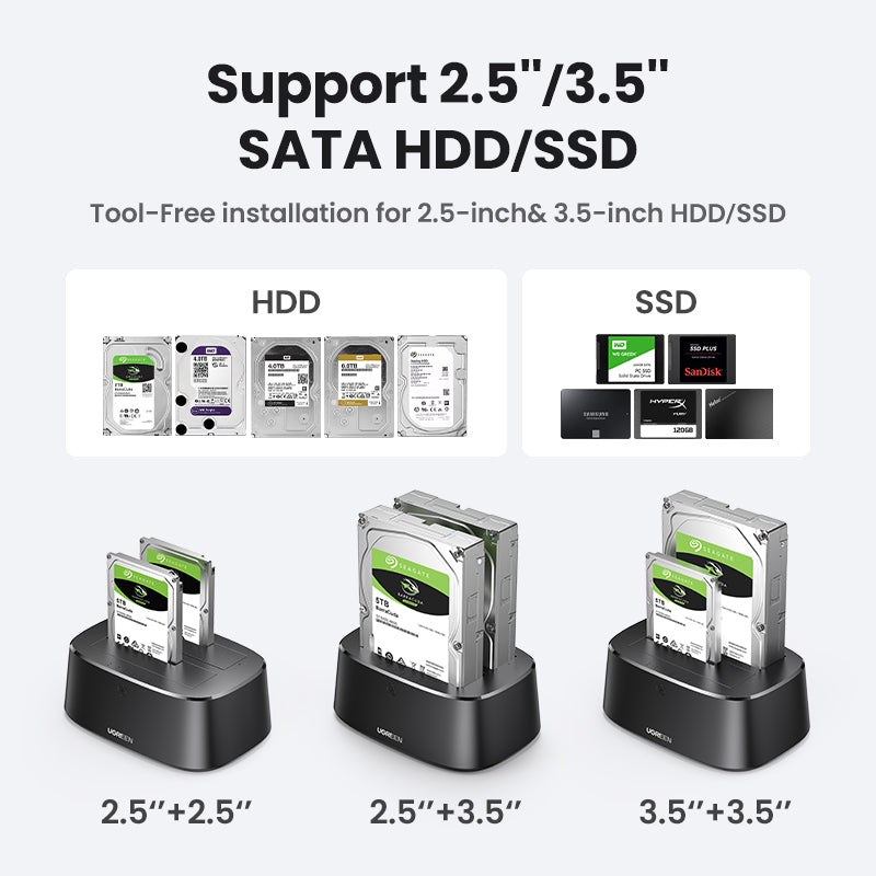 UGREEN Hard Drive Docking Station USB 3.0 to SATA Adapter External UASP Enclosure Hard Disk Caddy Reader 2-Bay Cloning Kit For 2.5/3.5 SATA HDD SSD,Windows,Mac OS,Linux,PS4,Xbox One
