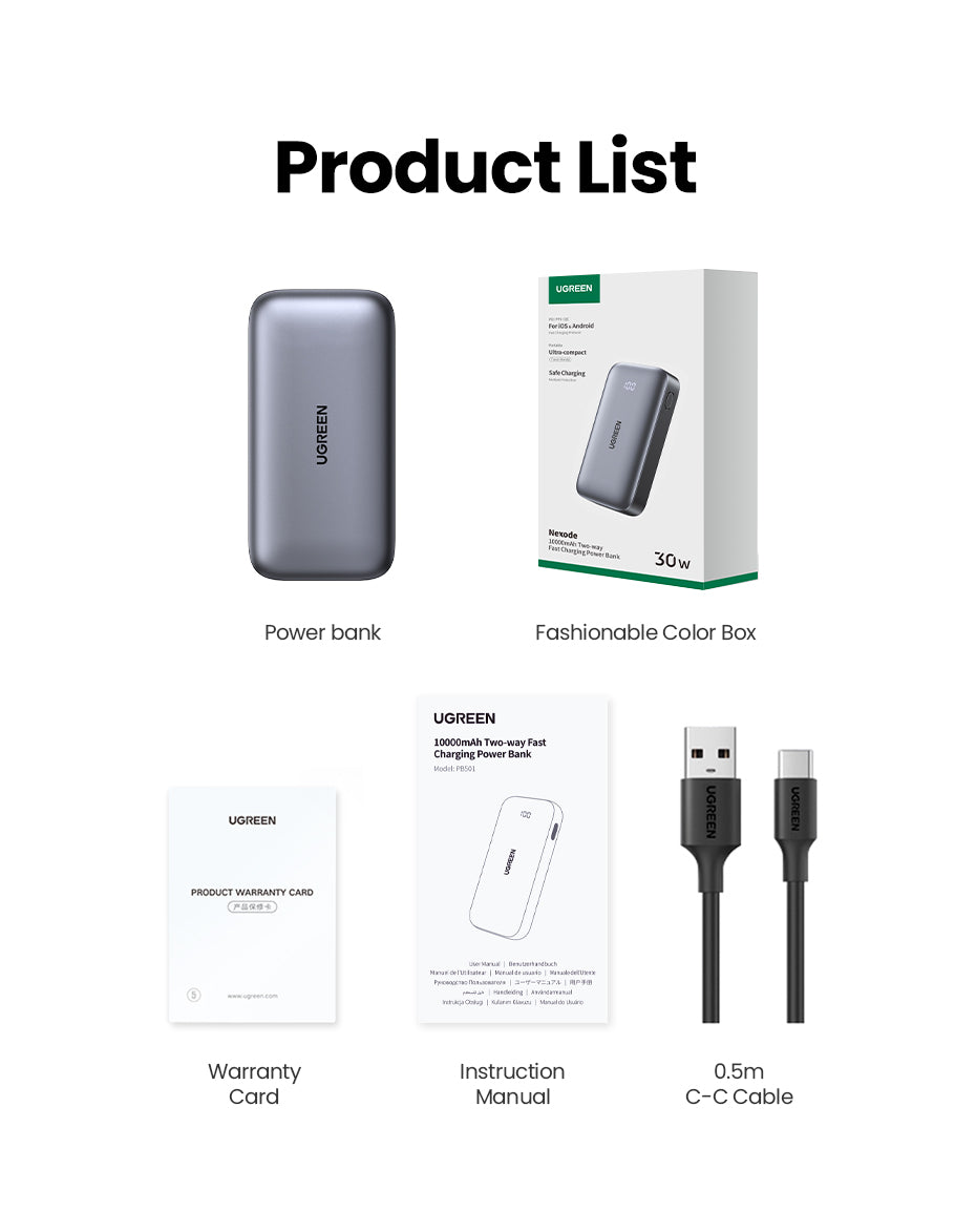 UGREEN 25185 PB502 10000mAh PD 30W Power Bank USB Type C Portable Charger Compatible for iPhone Samsung Pixel iPad-Grey