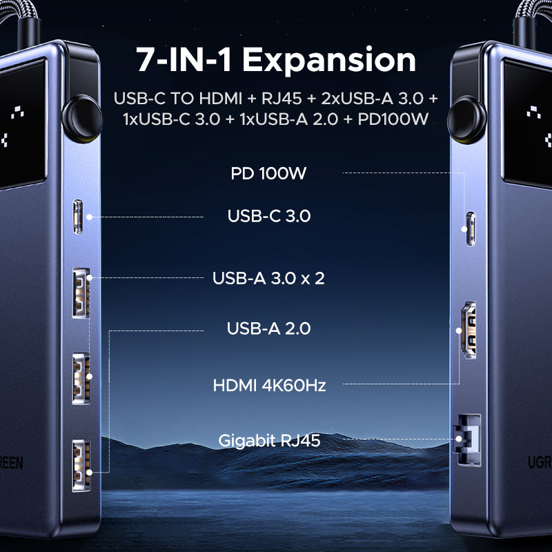 UGREEN Uno USB C Hub, 7-in-1 Type C Adapter with 4K60Hz HDMI Display, 100W Power Delivery, USB C& A Data Ports for MacBook Air, iPad Pro, HP Laptops, Surface, iPhone 16/15 Series