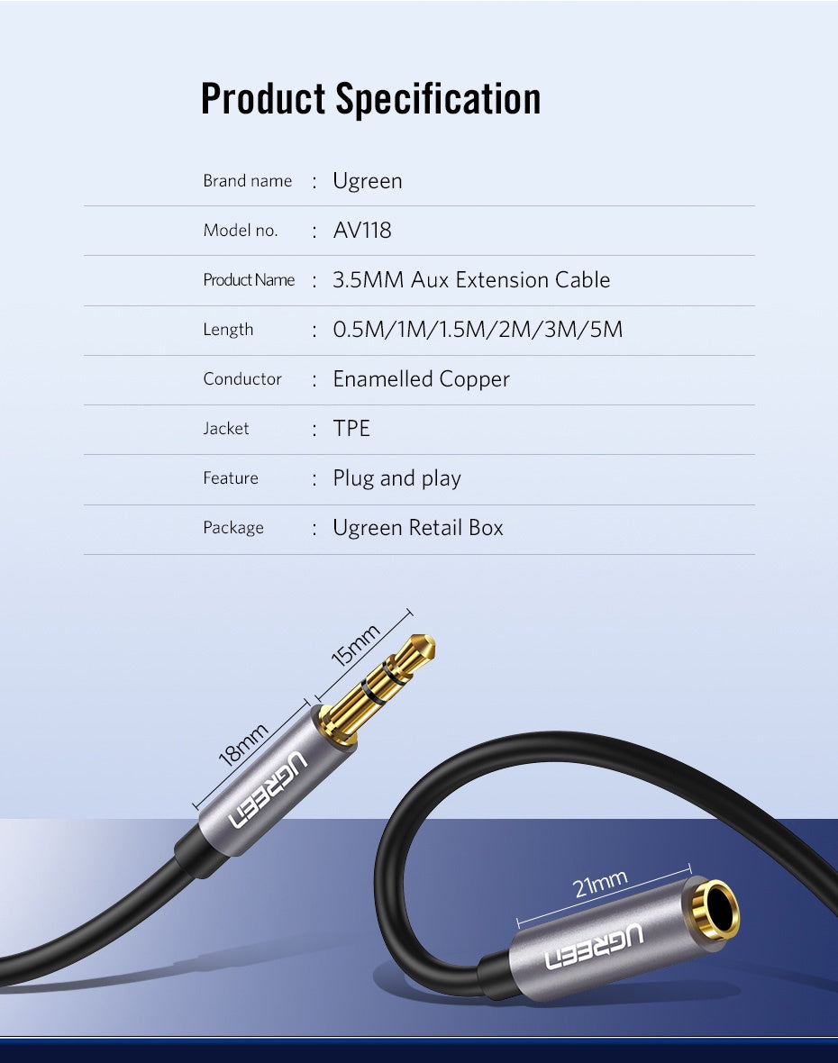 UGREEN 50439 3.5mm Extension Audio Cable Male to Female Aux Cable Headphone Cable 3.5mm Male to 3.5mm Female Extension Cable Nylon Braid Gold Plated