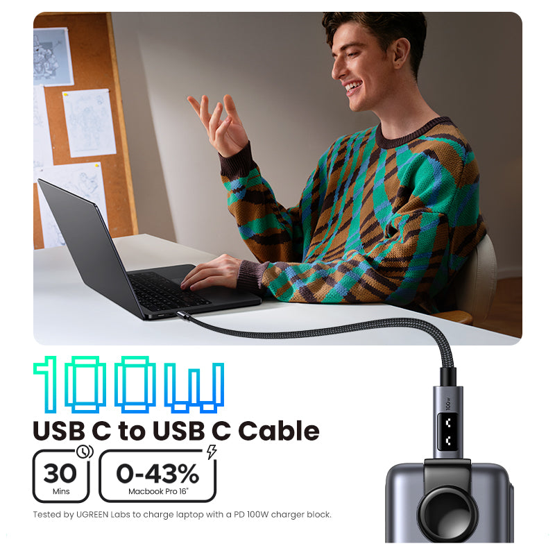 UGREEN Uno 100W USB C to USB C Cable, Fast Charging Type C Cord with LED Display, USB2.0 480Mbps Data Transfer for iPhone 16 Pro Max, MacBook Pro, iPad Pro, Galaxy S24, Pixel, Chromebook, Dell