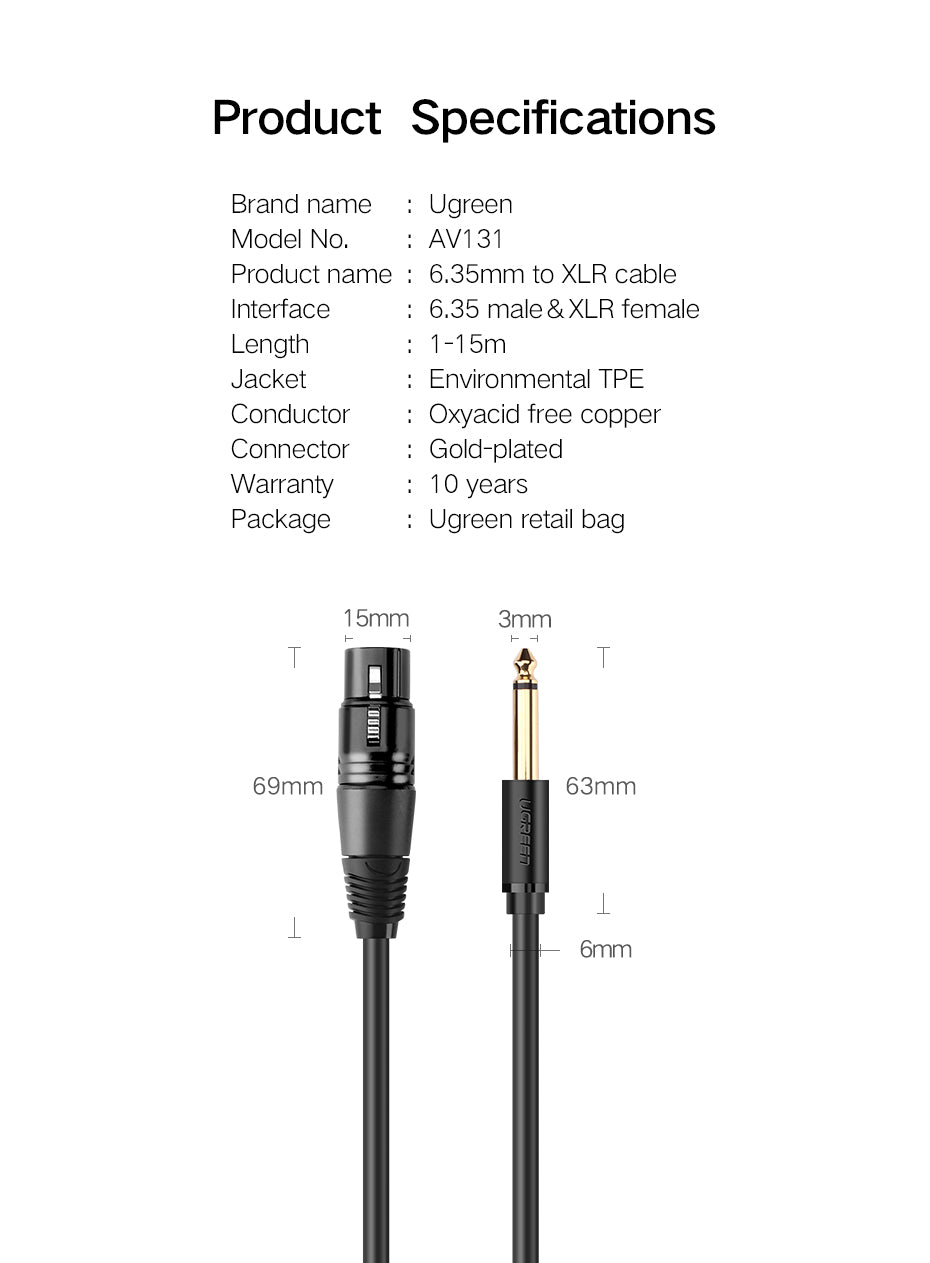 UGREEN 6.35mm to XLR Microphone Audio HiFi Cable XLR Female to 6.35mm Jack Aux Mic Cord for microphones,amplifiers,mixers