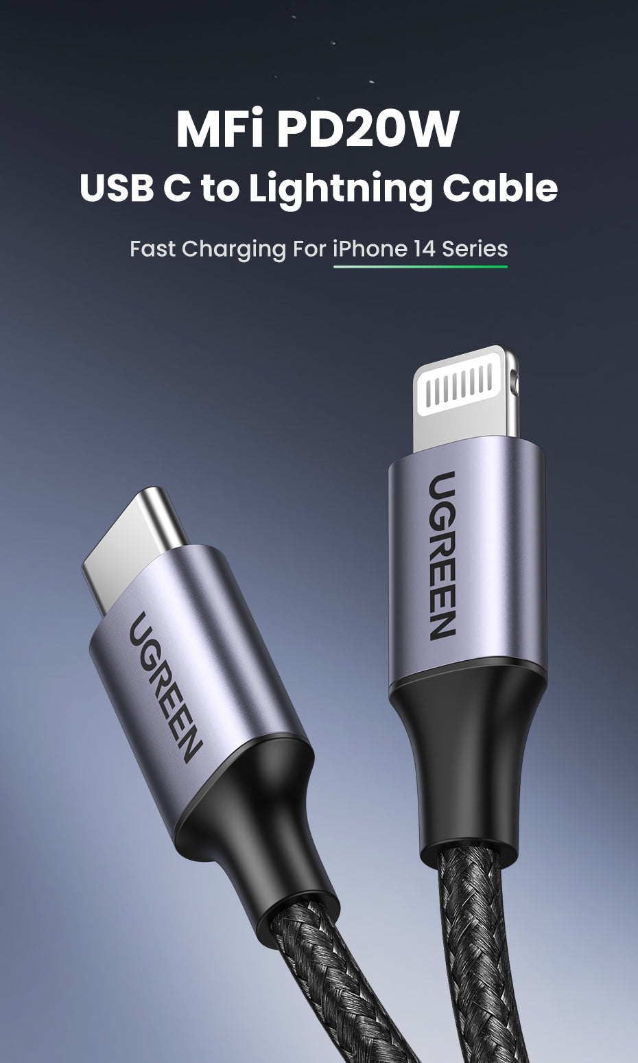 UGREEN MFI PD 20W Charger USB C Type-C to Lightning Cable Nylon Braided Fast Charger Data Sync
