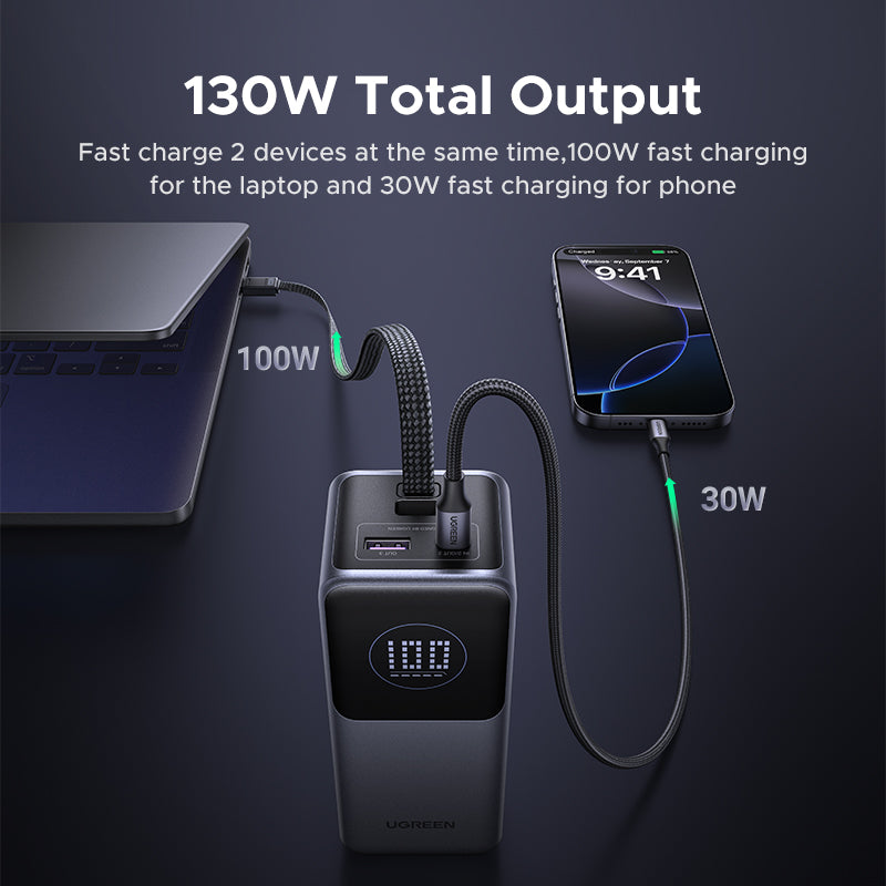 UGREEN 20000 mAh Laptop Power Bank, PD 130W Fast Charging Portable Charger with TFT Display, 3-Port External Battery Pack for Dell, MacBook Air/Pro, Lenovo, Supports Samsung 45W powerbank