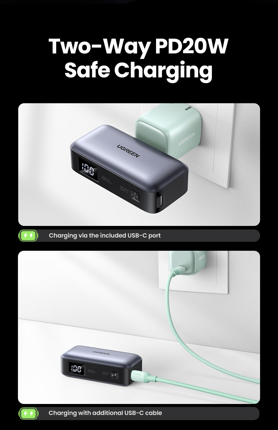 UGREEN 5000mAh Powerbank Portable Charger 22.5W Built-In USB-C Power Bank with LED Display PD USB C Mini Power Bank Fast Charging Battery Powerbank Compatible Android iPhone Samsung Huawei Honor Xiaomi