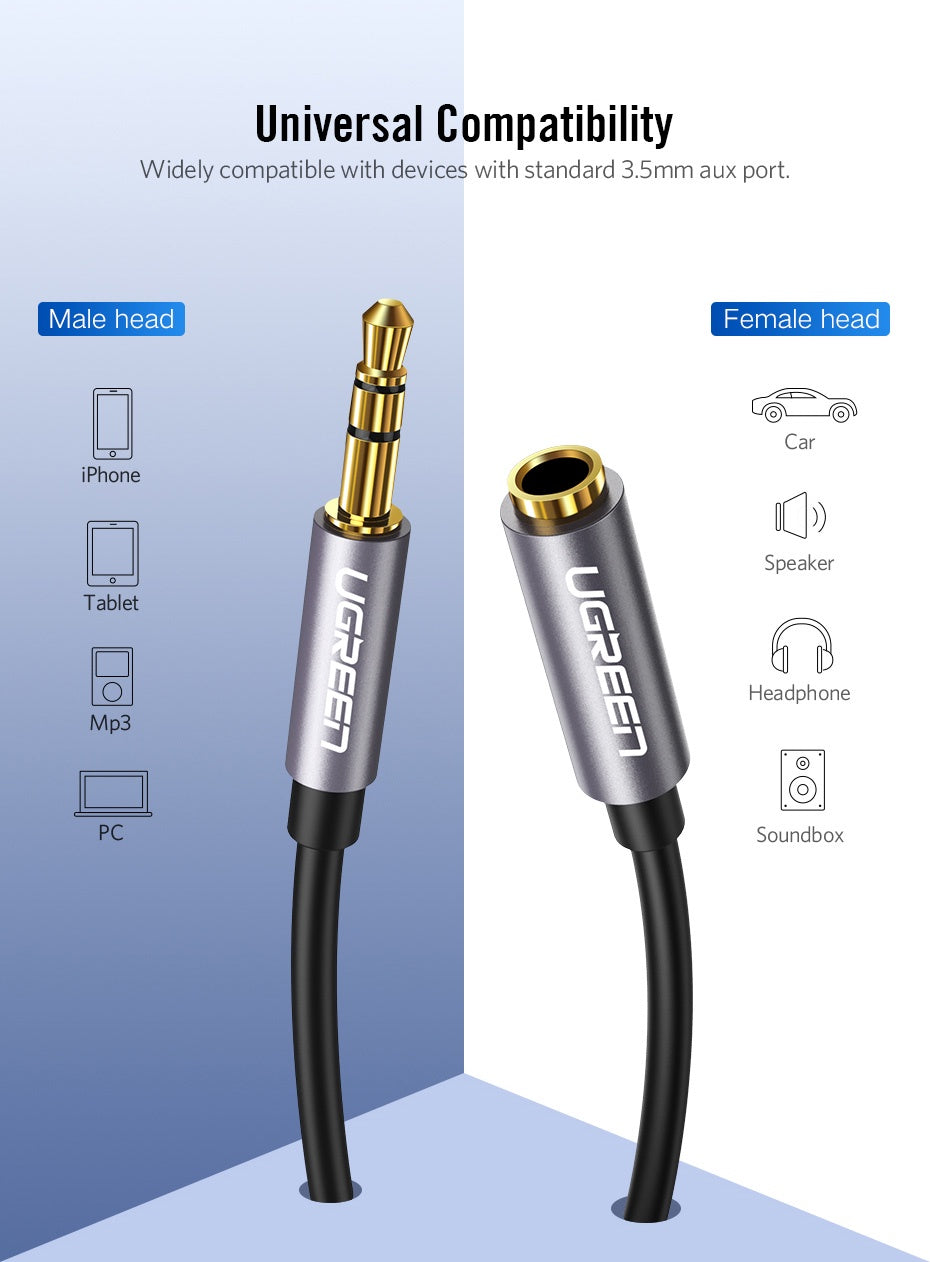 UGREEN 50439 3.5mm Extension Audio Cable Male to Female Aux Cable Headphone Cable 3.5mm Male to 3.5mm Female Extension Cable Nylon Braid Gold Plated
