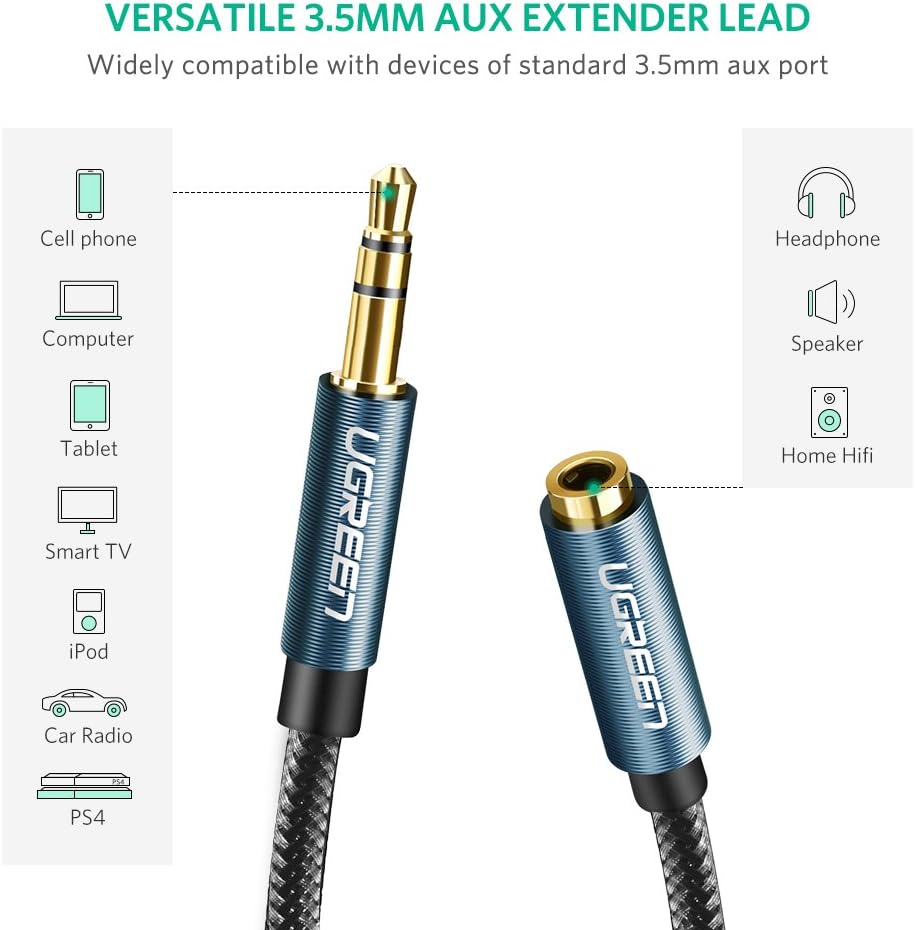 Ugreen 3.5mm Extension Audio Cable Male to Female Aux Cable Headphone Cable 3.5mm Male to 3.5mm Female Extension Cable Nylon Braid Gold Plated 3m ,5m