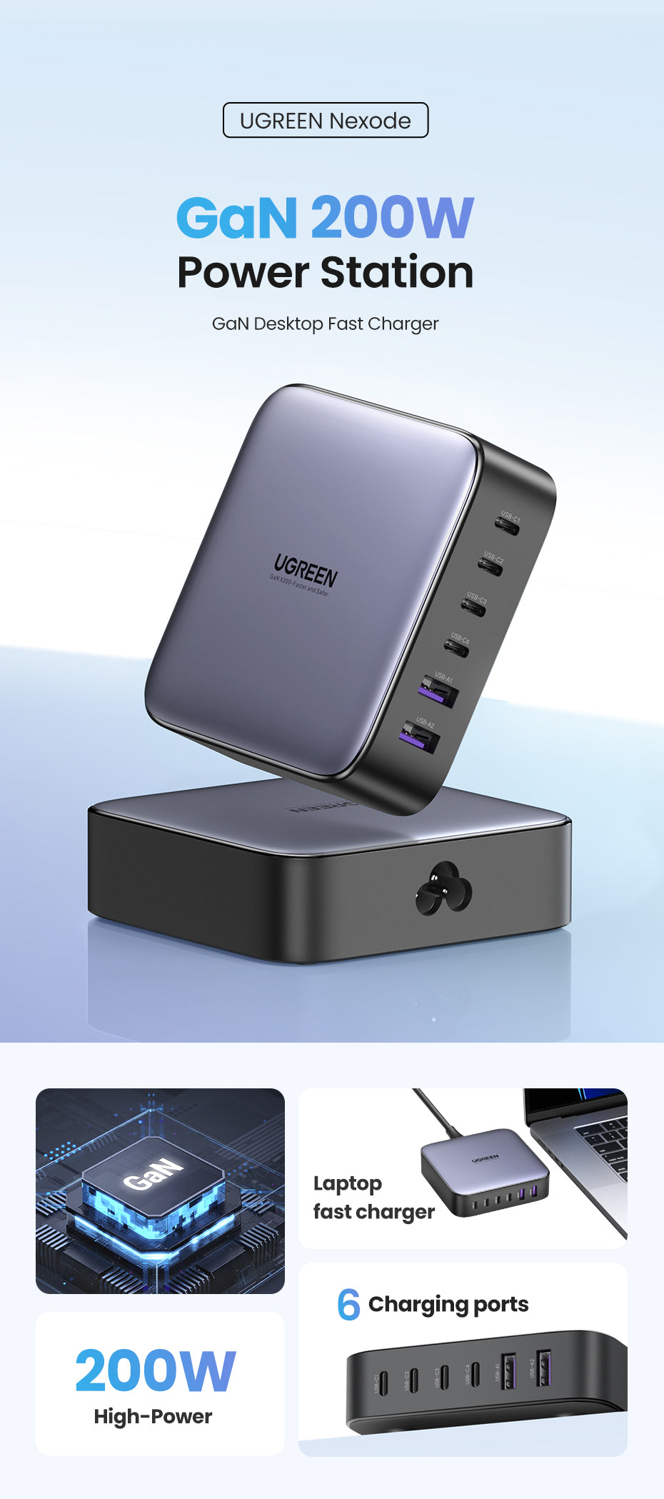 UGREEN  200W GaN 6-Port Fast Charger 4C2A 4Type-C 2USB-A Charger for Laptop Power Adapter