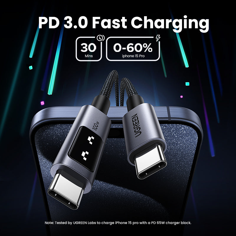 UGREEN Uno 100W USB C to USB C Cable, Fast Charging Type C Cord with LED Display, USB2.0 480Mbps Data Transfer for iPhone 16 Pro Max, MacBook Pro, iPad Pro, Galaxy S24, Pixel, Chromebook, Dell