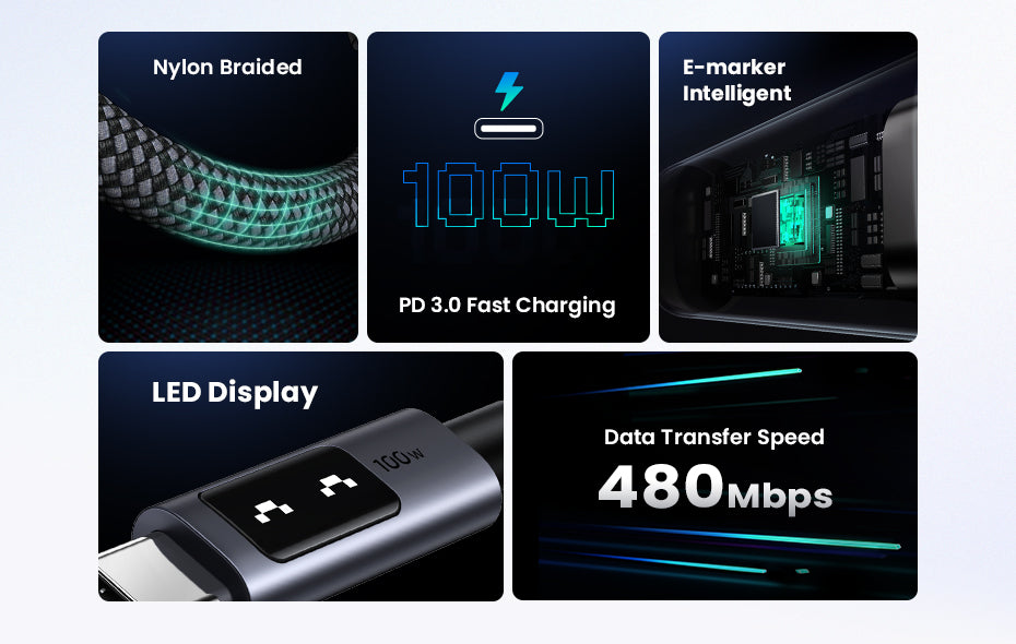 UGREEN Uno 100W USB C to USB C Cable, Fast Charging Type C Cord with LED Display, USB2.0 480Mbps Data Transfer for iPhone 16 Pro Max, MacBook Pro, iPad Pro, Galaxy S24, Pixel, Chromebook, Dell