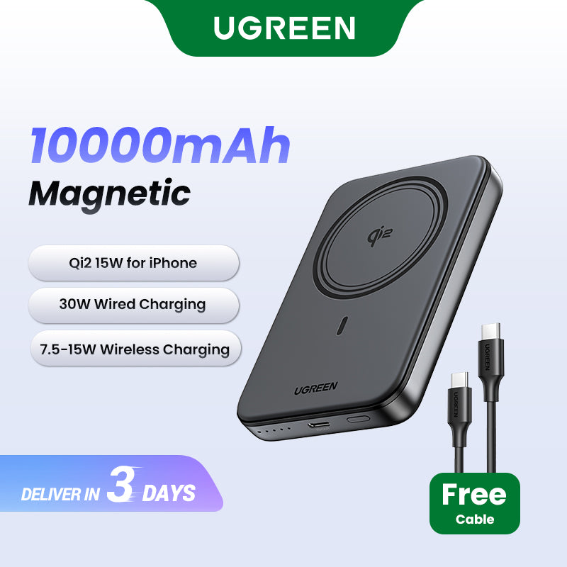 UGREEN 10000mAh PD 20W/30W Powerbank USB Type C Magnetic 15W Qi2 Wireless Charging Power Bank Portable Charger Compatible for iPhone 16 15 Pro Max iPhone 16 15 Plus Airpods Samsung S25 Ultra S24 Pixel Huawei Honor Xiaomi 36Wh