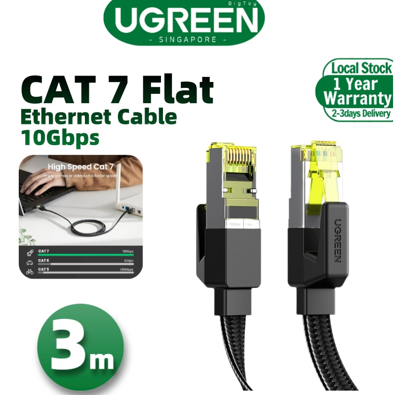 UGREEN Cat 7 10Gbps Flat Braided Ethernet Cable Durable High Speed Patch Cord 600MHz POE LAN RJ45 Gigabit Cable