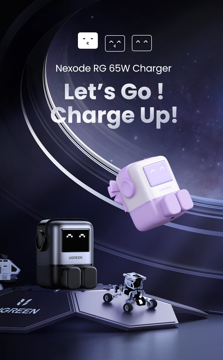 UGREEN Uno Charger 65W RobotGaN Charger 2 USB C 1 USB A Wall Charger GaN Charger for MacBook Pro/Air, Dell XPS, iPad Mini/Pro iPhone 16 15 Pro Max iPhone 16 15 Plus Samng Galaxy S24 Ultra Z Fold5 M14 Z Flip5 A35 A55, Pixel, and More