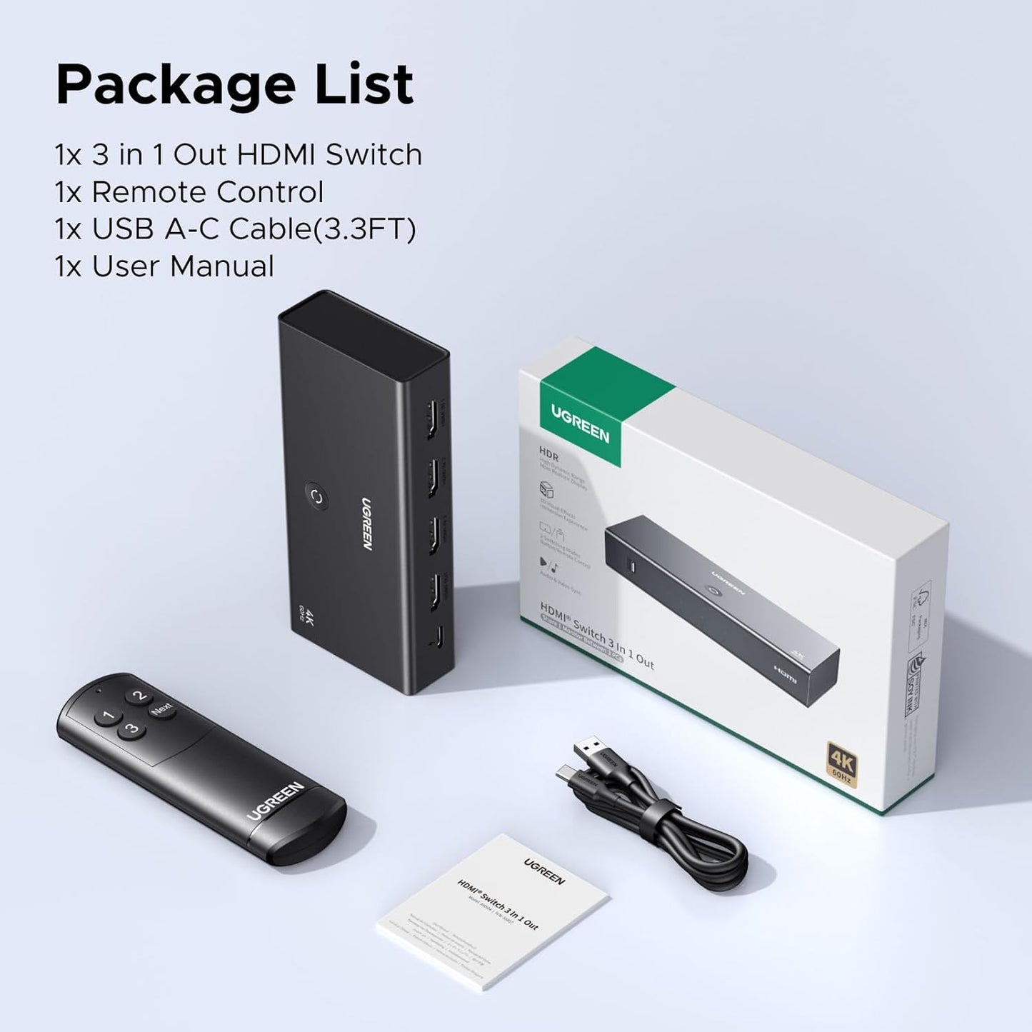 UGREEN HDMI Switch 3 in 1 Out 4K60Hz, HDMI Splitter with Remote Supports HDR10+ CEC HDCP2.2 Compatible with Nintendo Switch PS5/4/3 Xbox Roku TV Fire Stick Blu-Ray Player