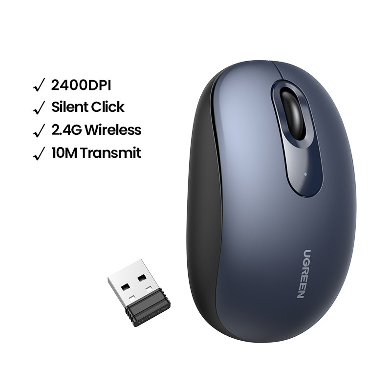 UGREEN 2.4G Wireless Silent Mouse 2400DPI Ergonomic Design Mouse with USB Mini Receiver Ambidextrous PC / Mac / Laptop