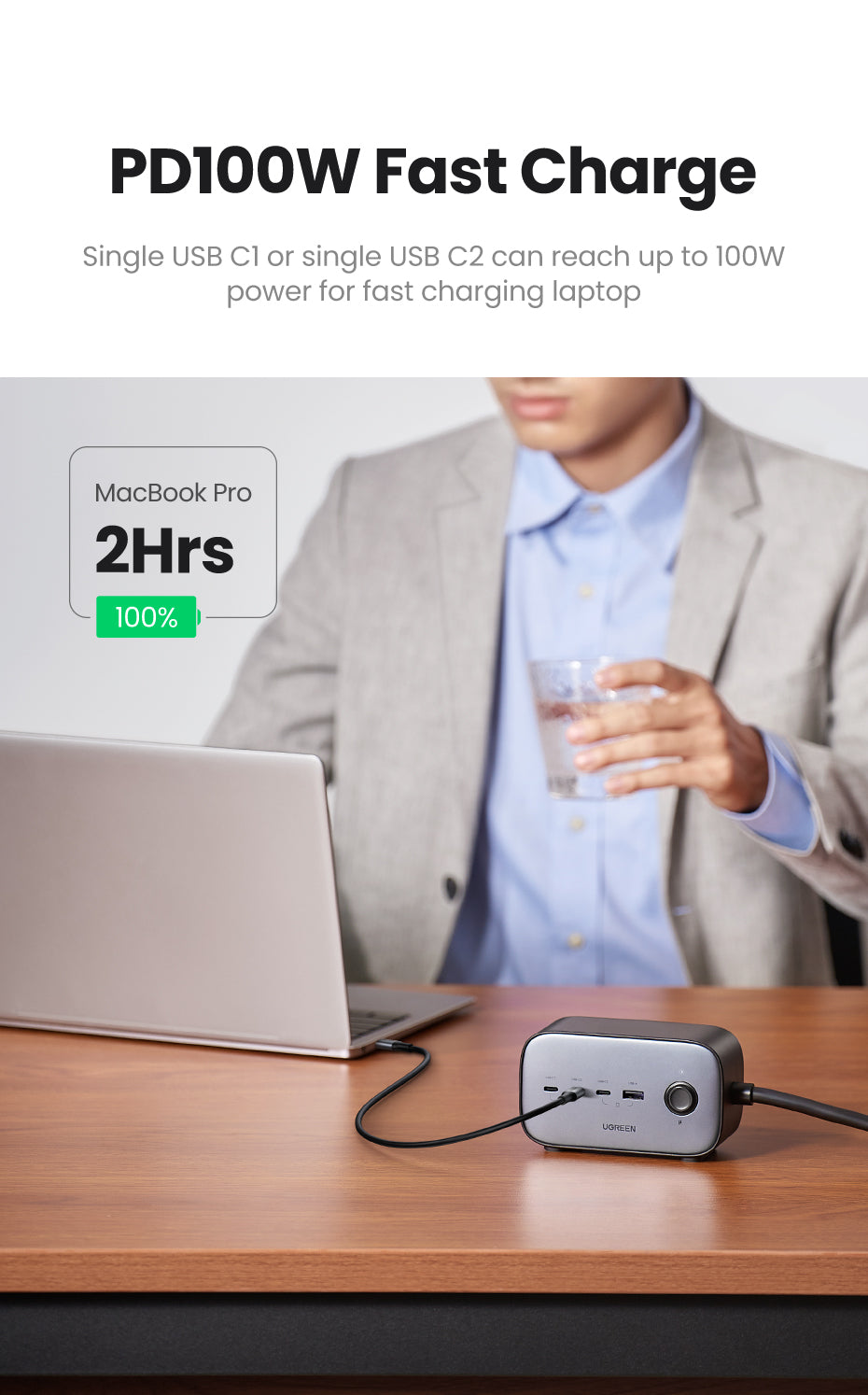 UGREEN 60168 100W GaN Power Socket, 1.8M Cable DigiNest Pro USB C Charging Station, 6-in-1 Power Strip with 2 AC Outlets, 4 USB Ports, Extension Cord Outlet Extender