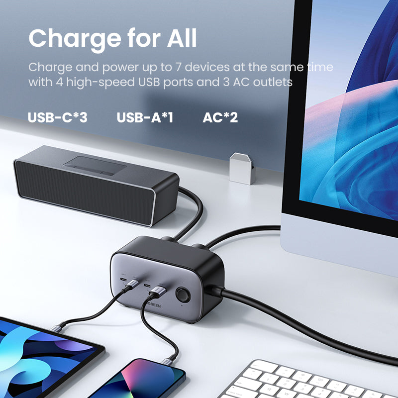 UGREEN 60168 100W GaN Power Socket, 1.8M Cable DigiNest Pro USB C Charging Station, 6-in-1 Power Strip with 2 AC Outlets, 4 USB Ports, Extension Cord Outlet Extender