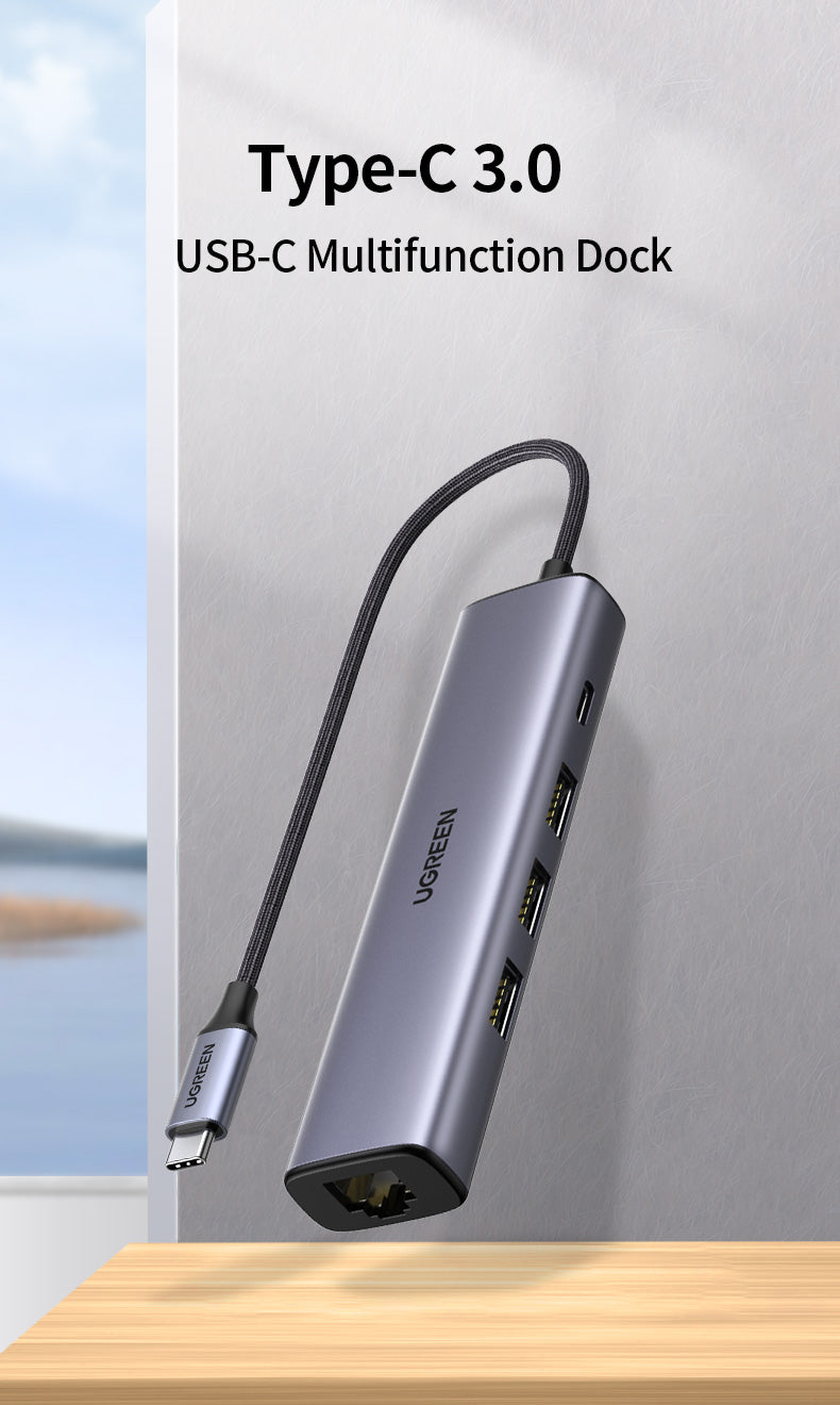 UGREEN 20932 USB C Ethernet Adapter Hub with RJ45 10/100/1000 Gigabit Ethernet Converter LAN Wired Network Adapter 3 Ports USB 3.0 Hub