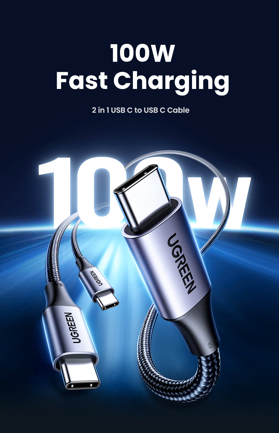 UGREEN 1.5M 100W Type C 2-in-1 Fast Charging Cable E-Marker for iPhone 15 Series Samsung S24 S23 Ultra iPad Pro Macbook Switch
