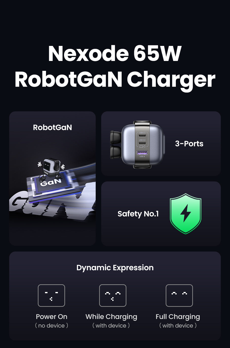 UGREEN Uno Charger 65W RobotGaN Charger 2 USB C 1 USB A Wall Charger GaN Charger for MacBook Pro/Air, Dell XPS, iPad Mini/Pro iPhone 16 15 Pro Max iPhone 16 15 Plus Samng Galaxy S24 Ultra Z Fold5 M14 Z Flip5 A35 A55, Pixel, and More