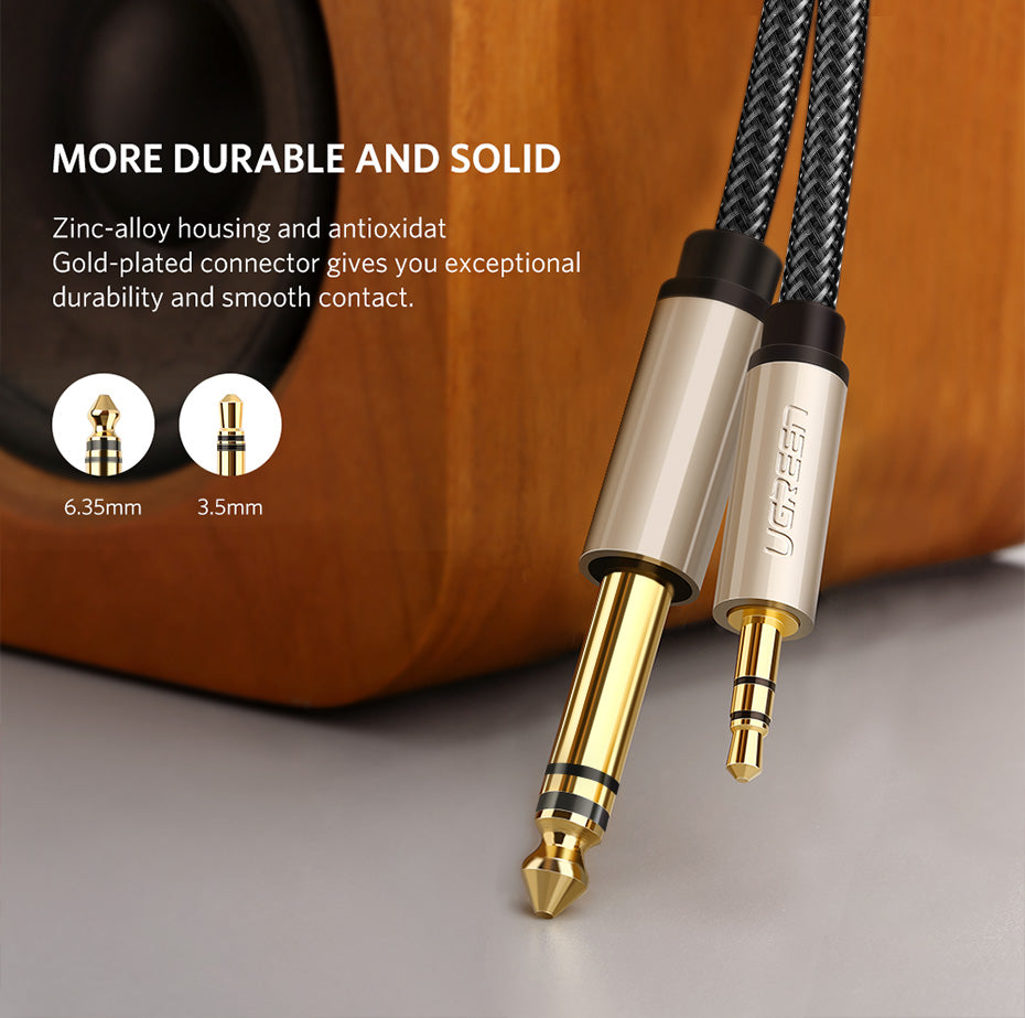 UGREEN 3.5mm to 6.35mm Adapter Aux Cable with Zinc Alloy Housing and Nylon Braid for Mixer Amplifier CD Player Speaker Gold Plated 3.5 Jack to 6.5 Jack Male Audio Cable 0.5m