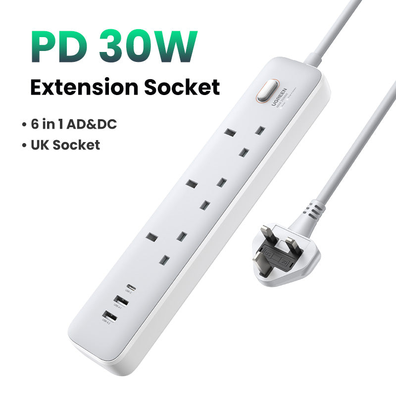 UGREEN 30W Extension Socket 6 IN 1 Fast Charger UK Plug with 3 AC Outlets, 2 USB-APorts, 1 USB-C Ports for iPhone 15 14 Pro Max iPhone 15 Plus/iPhone 12 Pro Max, Pixel, Samsung Galaxy S24/S23/S22, iPad Mini/Pro