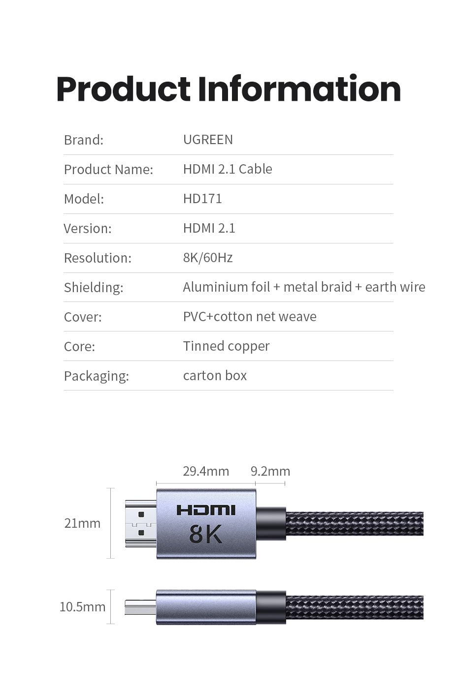 UGREEN 25910 HDMI 2.1 HDMI Cable 8K 48Gbps Ultra High Speed Cord 4K240Hz/8K60Hz Support Dynamic HDR eARC Dolby Atmos HDCP Compatible