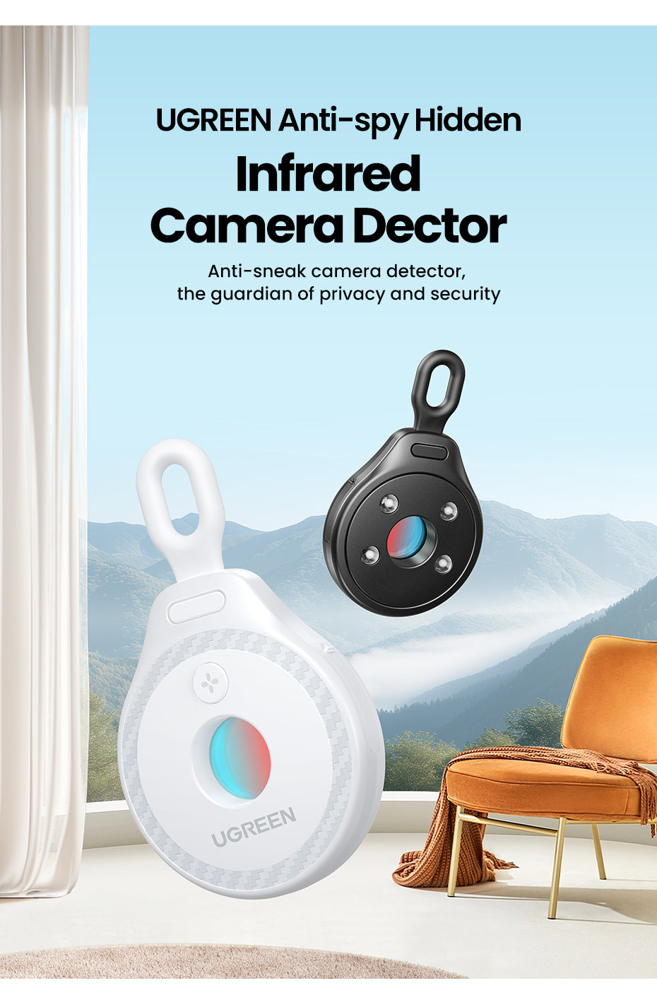 UGREEN Mini Anti-Peeping Camera Detector Hidden Camera Durable and long-lasting Portable Pinhole Hidden Lens Detect Gadget Effective hidden lens detection With USB Cable For Travel Hotel Locker Room Toilet