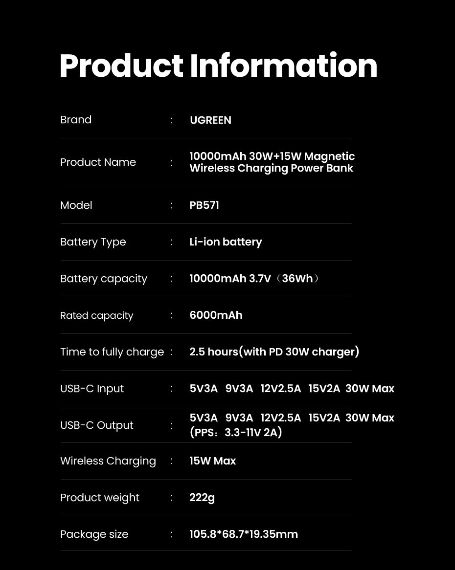 UGREEN 10000mAh PD 20W/30W Powerbank USB Type C Magnetic 15W Qi2 Wireless Charging Power Bank Portable Charger Compatible for iPhone 16 15 Pro Max iPhone 16 15 Plus Airpods Samsung S25 Ultra S24 Pixel Huawei Honor Xiaomi 36Wh