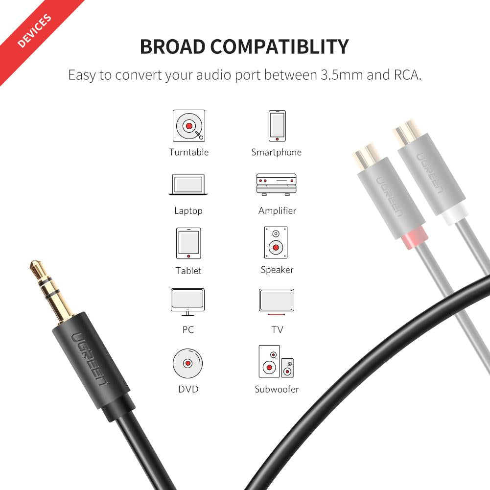 UGREEN 10547 3.5mm Male to 2RCA Female Jack Stereo AUX Audio Cable Y Adapter for iPhone MP3 Tablet Computer Speaker 3.5 RCA Jack Cable 0.25m