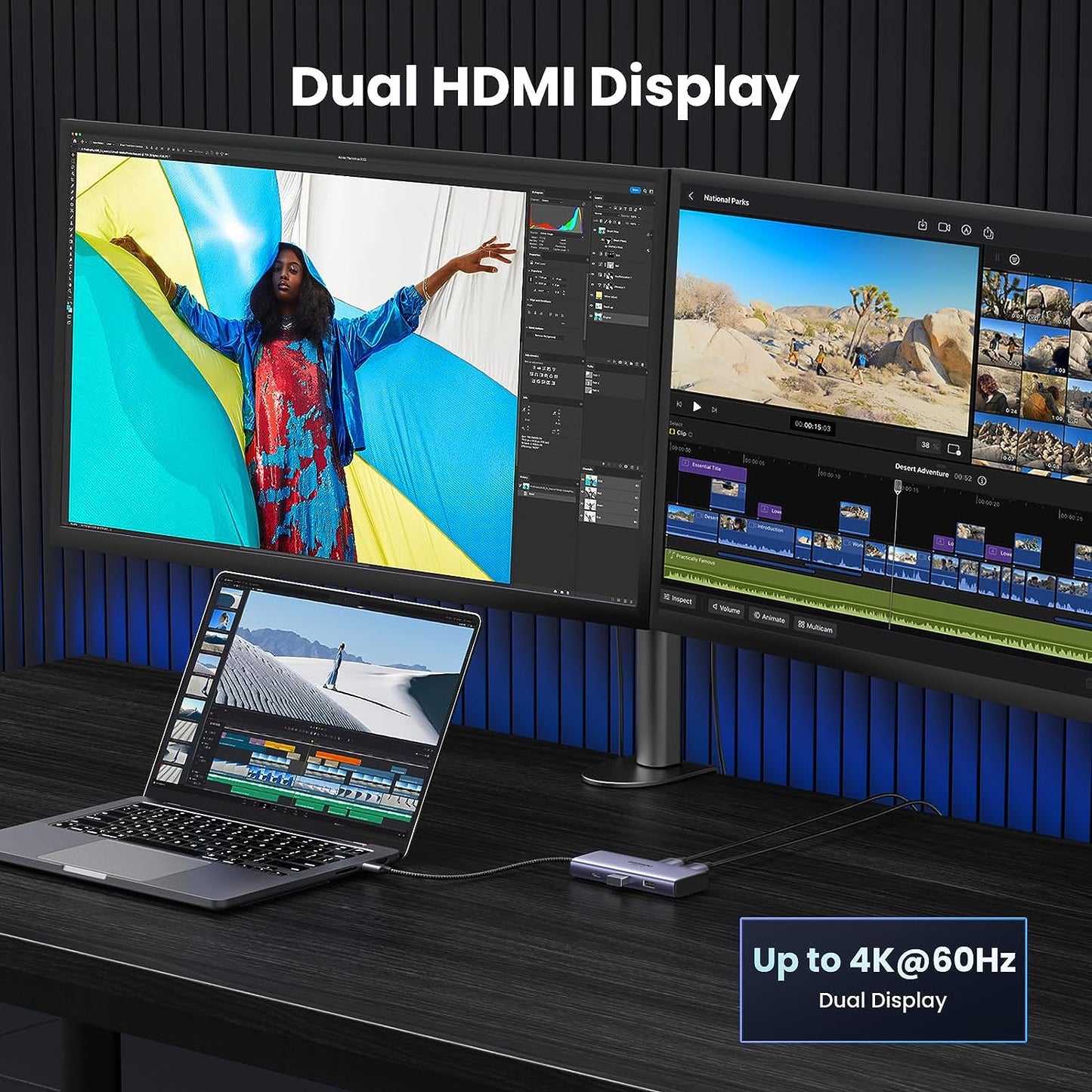 UGREEN 15852 6 in 1 USB C Hub Dual HDMI 4K 60Hz Single 8K 30Hz 100W PD, 5Gbps USB C and USB A Data Ports, USB C to Dual HDMI Adapter