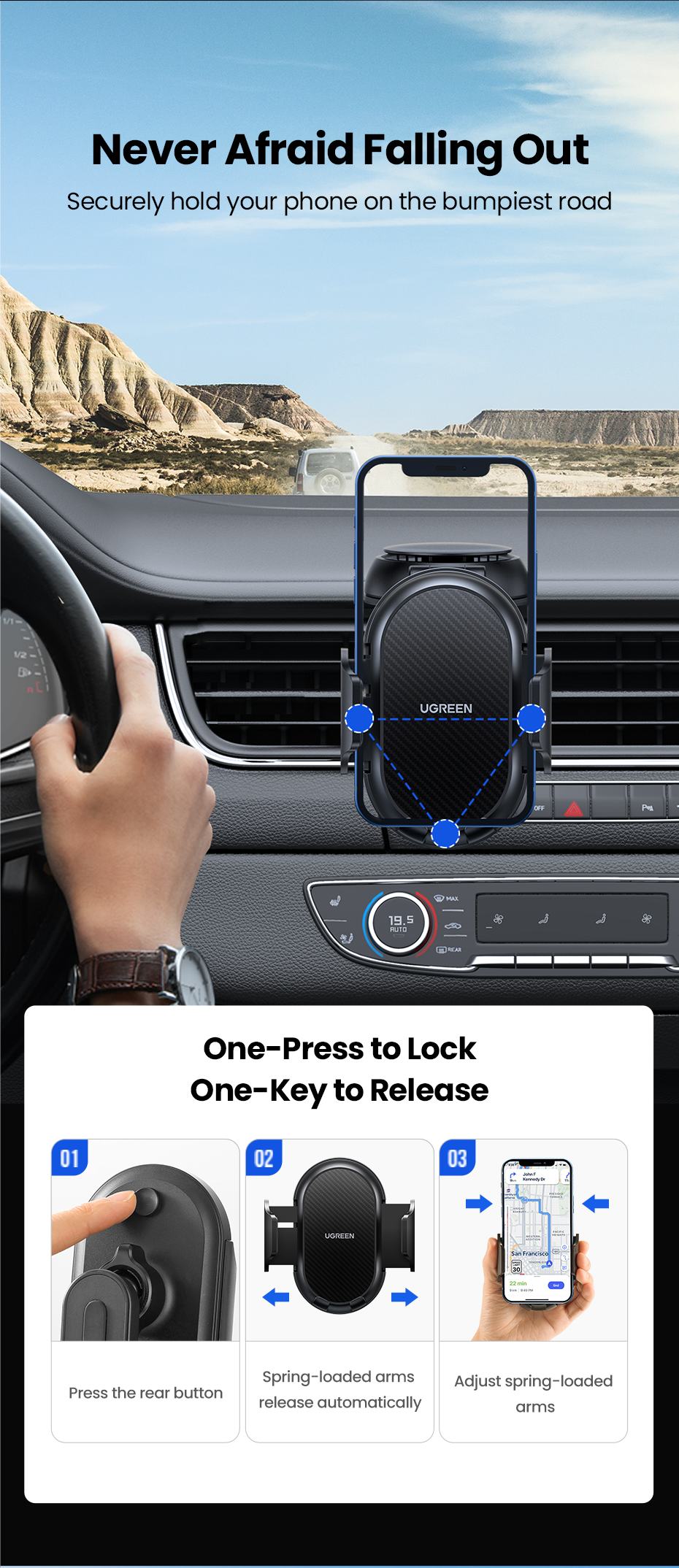 UGREEN Phone Holder for Car Windscreen Mobile Dashboard Mount Gravity Suction Cup Sticky Cradle Long Arm Clamp for iPhone , Samsung Galaxy S22 ,Huawei , Xiaomi, Oneplus