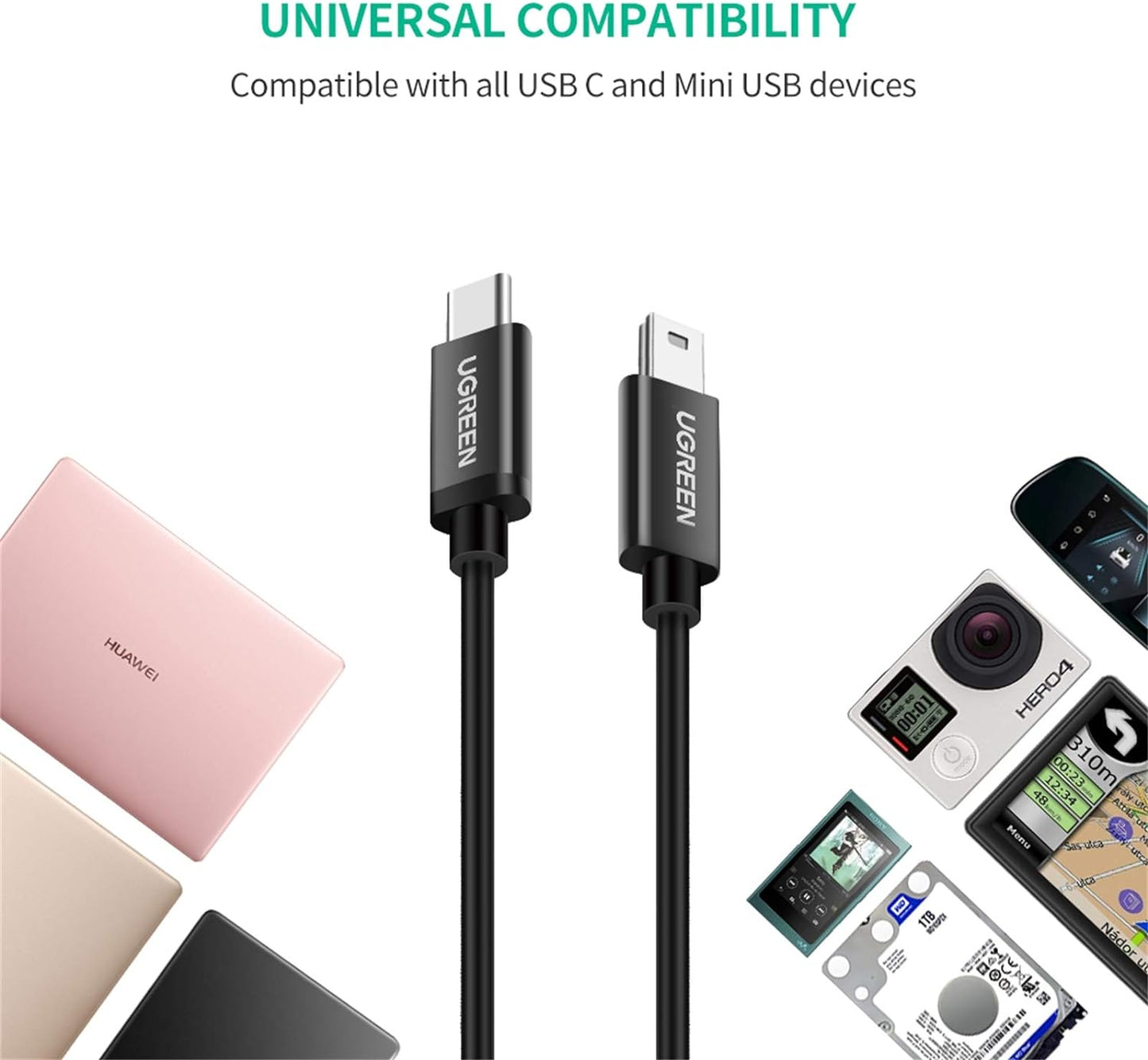 UGREEN 1m USB C to Mini USB Cable High Speed USB 2.0 Type C to Mini USB 5 Pin Adapter 480Mbps Data Sync Charge Lead Compatible with Thunderbolt 3 MacBook ,iPad Pro,Lenovo Yoga,HP,Dell XPS,Camera