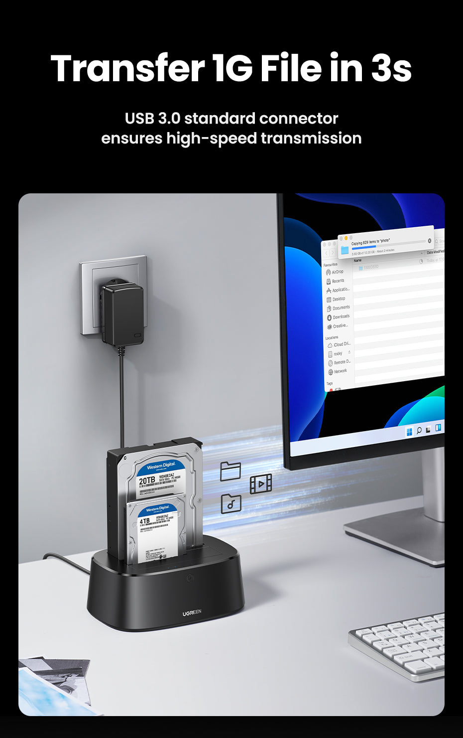 UGREEN Hard Drive Docking Station USB 3.0 to SATA Adapter External UASP Enclosure Hard Disk Caddy Reader 2-Bay Cloning Kit For 2.5/3.5 SATA HDD SSD,Windows,Mac OS,Linux,PS4,Xbox One